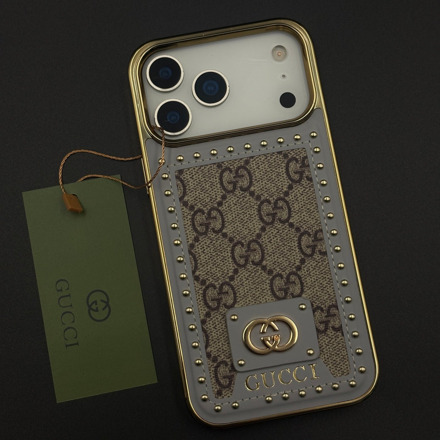 Gold Chrome Border GG Monogram Case for iPhone 17 Series