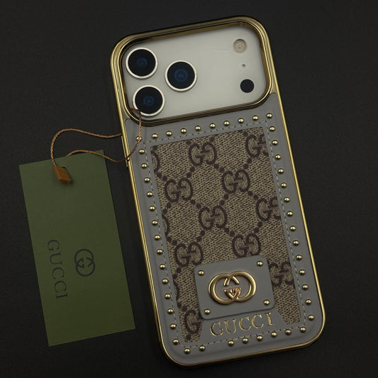 Gold Chrome Border GG Monogram Case for iPhone 17 Series