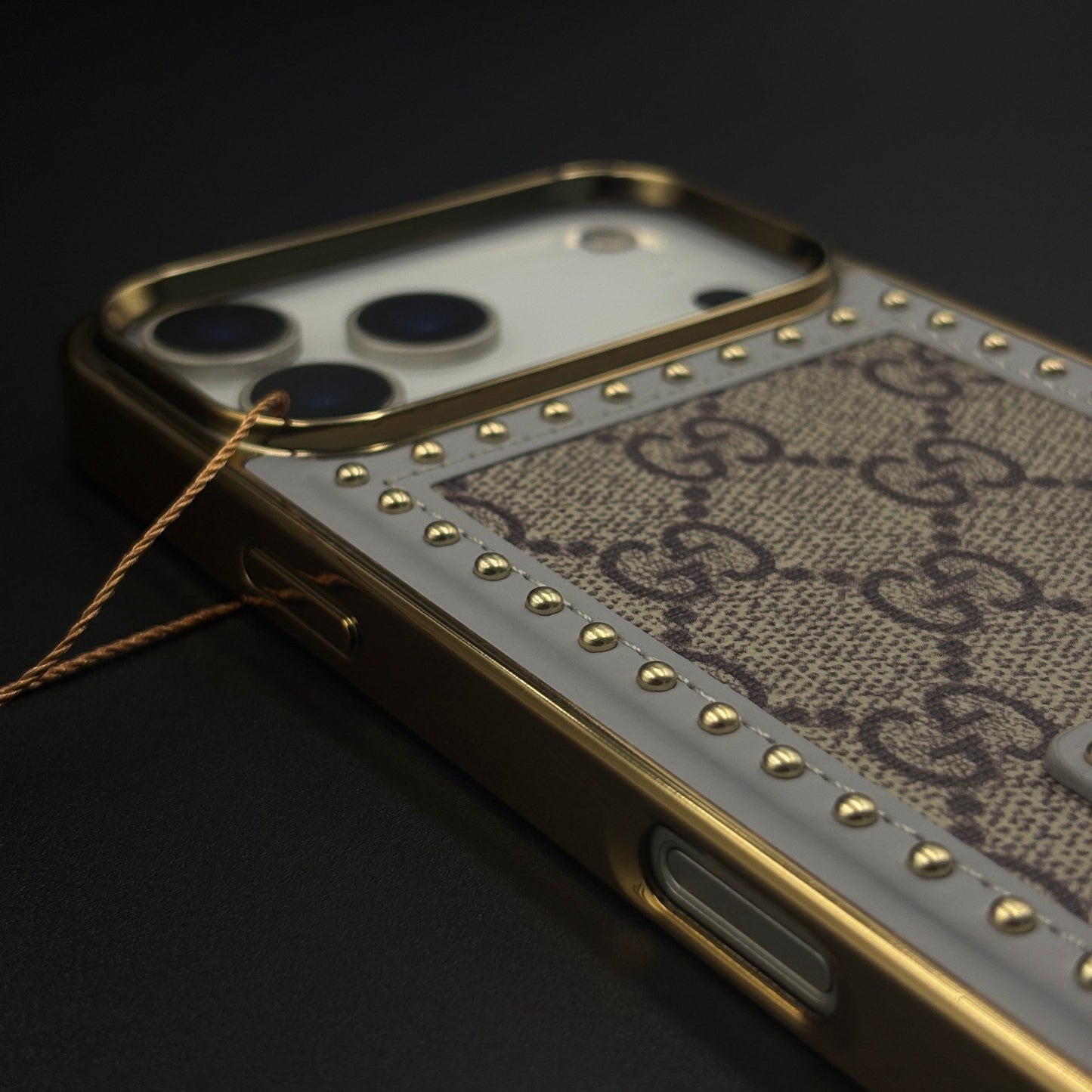 Gold Chrome Border GG Monogram Case for iPhone 17 Series