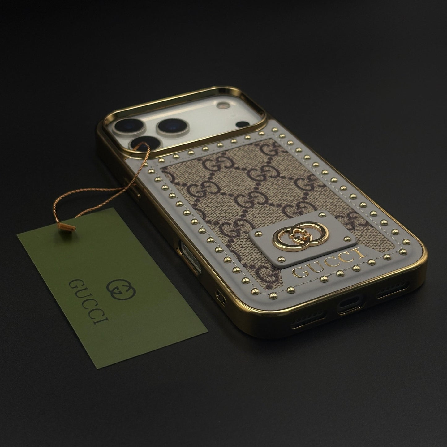 Gold Chrome Border GG Monogram Case for iPhone 17 Series