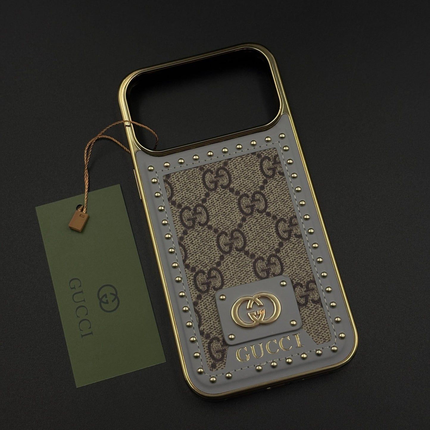 Gold Chrome Border GG Monogram Case for iPhone 17 Series