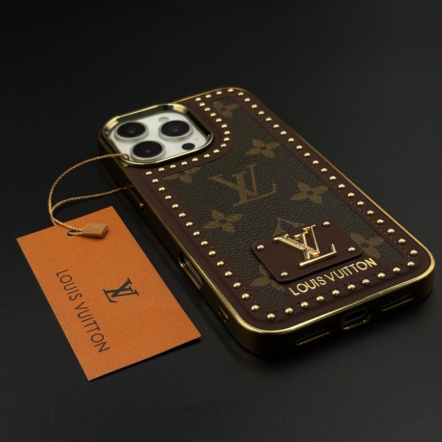 Gold Chrome Border Luxury Fashion Brand Monogram Case for iPhone