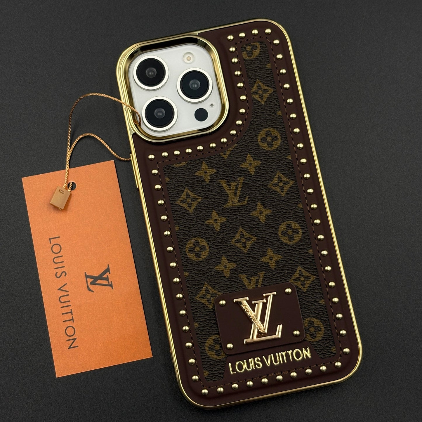 Gold Chrome Border Luxury Fashion Brand Monogram Case for iPhone