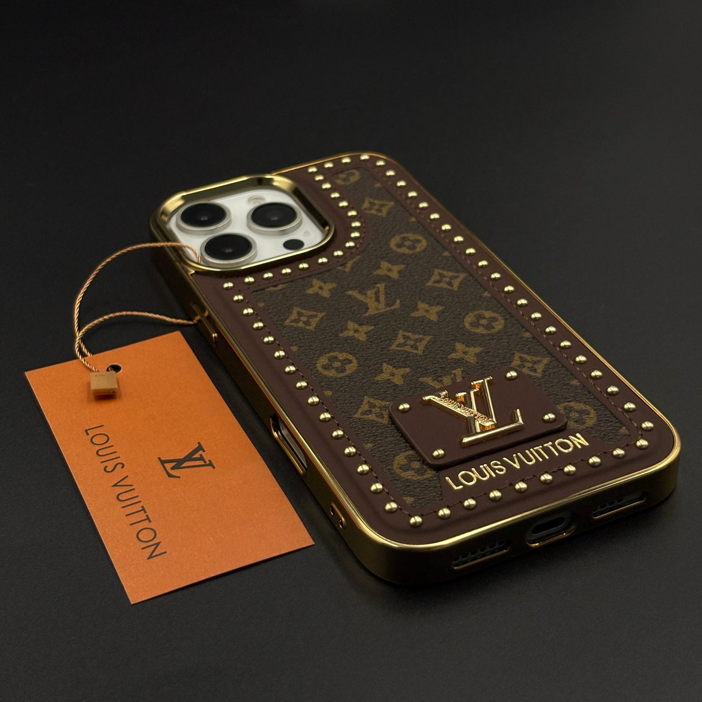 Gold Chrome Border Luxury Fashion Brand Monogram Case for iPhone