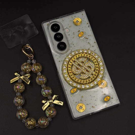 Luxury Rotating Dollar Case for Samsung Galaxy Z Fold 7 | Gold Bling Coin Design with Beaded Wrist Strap