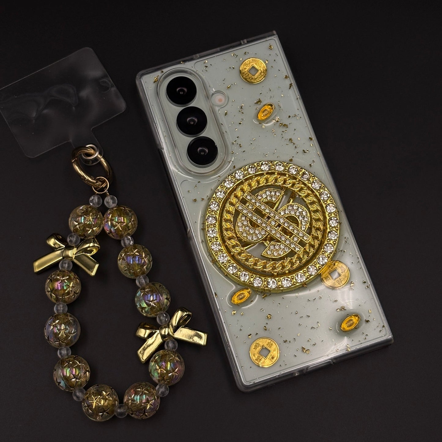 Luxury Rotating Dollar Case for Samsung Galaxy Z Fold 6 | Gold Bling Coin Design with Beaded Wrist Strap