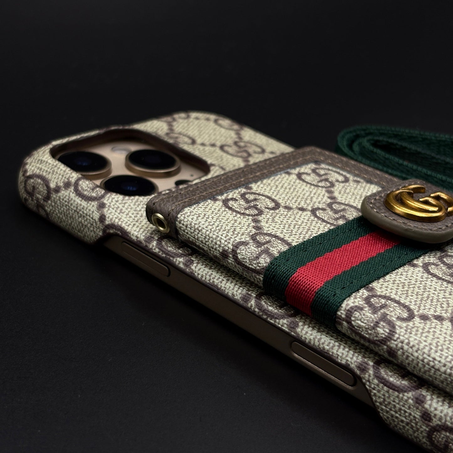 iPhone Luxury GG Stripe Leather Wallet Case with Cardholder & Crossbody Sling