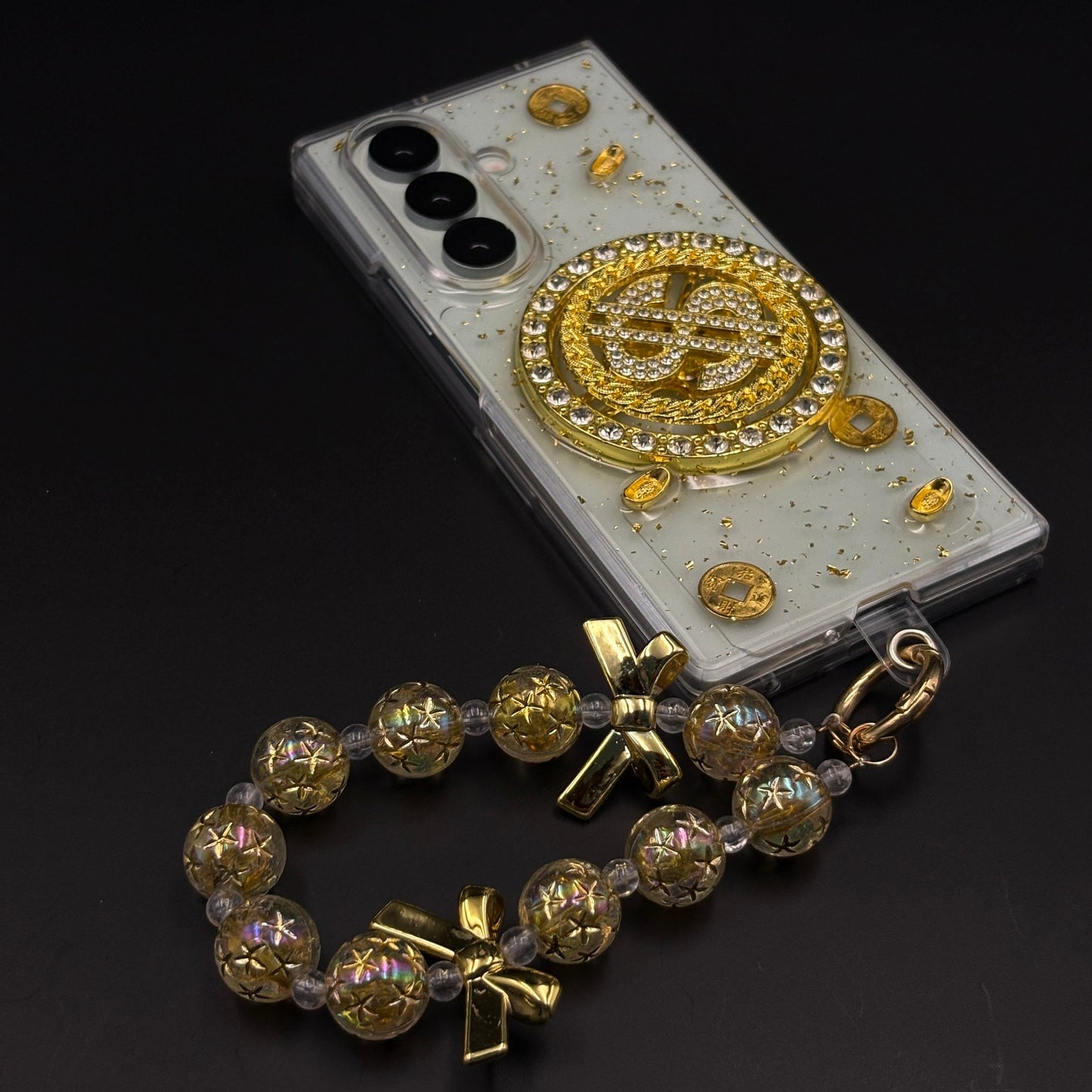 Luxury Rotating Dollar Case for Samsung Galaxy Z Fold 6 | Gold Bling Coin Design with Beaded Wrist Strap