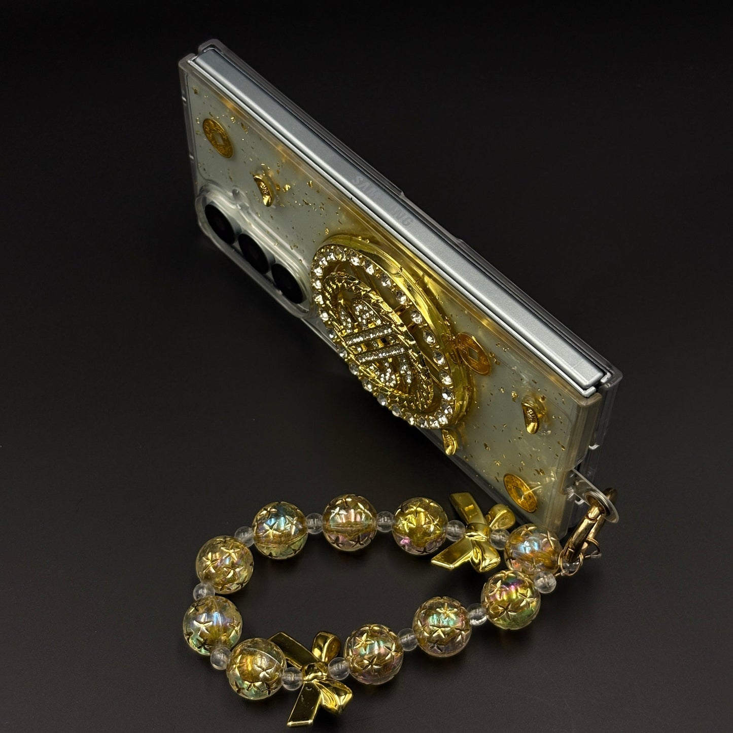 Luxury Rotating Dollar Case for Samsung Galaxy Z Fold 6 | Gold Bling Coin Design with Beaded Wrist Strap