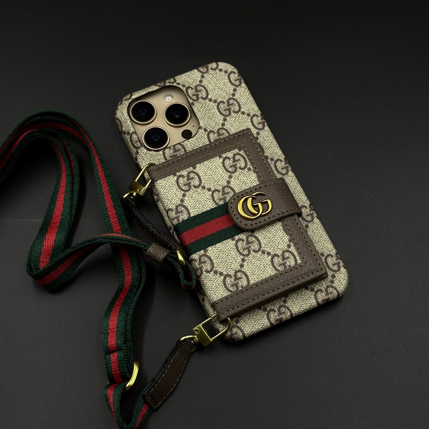 iPhone Luxury GG Stripe Leather Wallet Case with Cardholder & Crossbody Sling