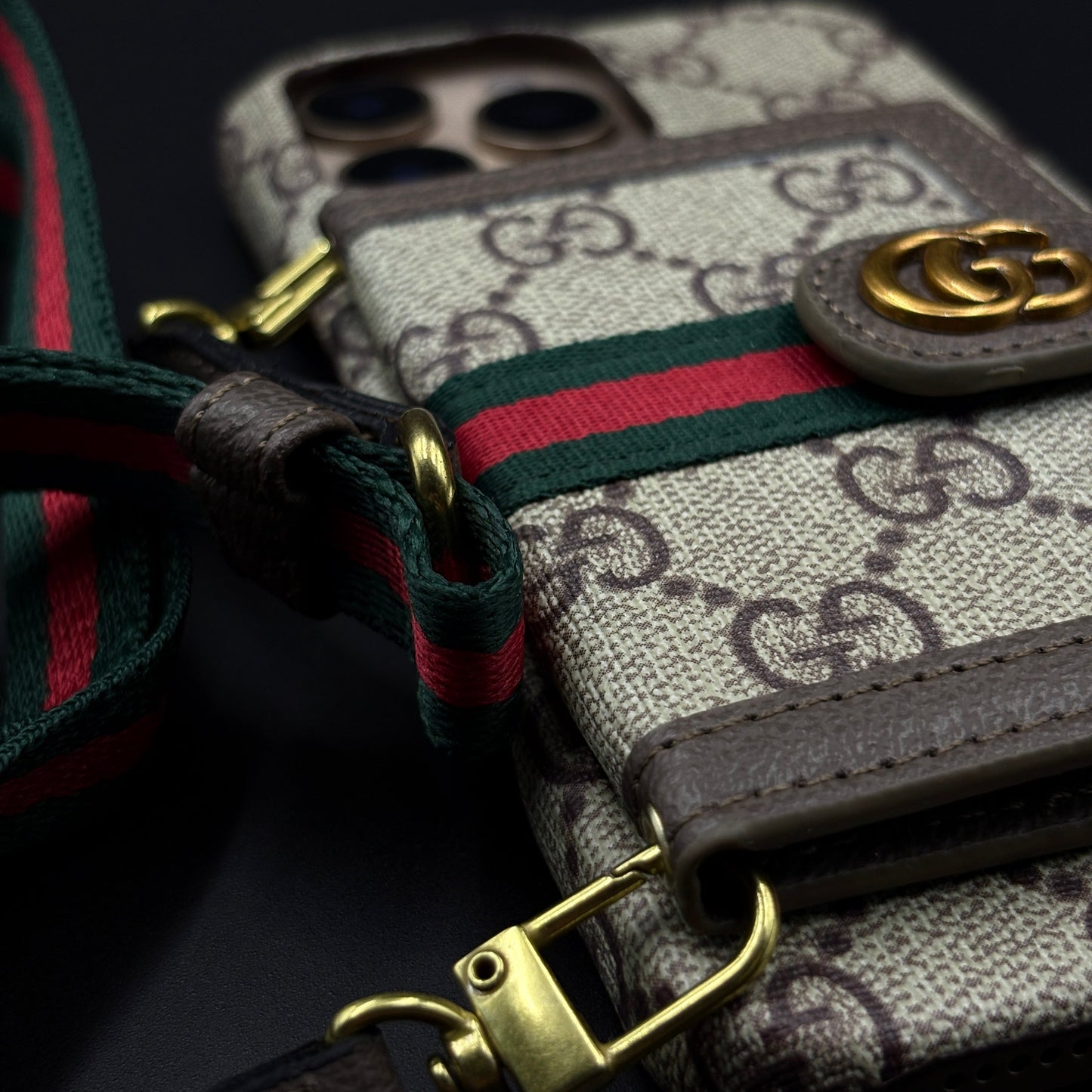 iPhone Luxury GG Stripe Leather Wallet Case with Cardholder & Crossbody Sling