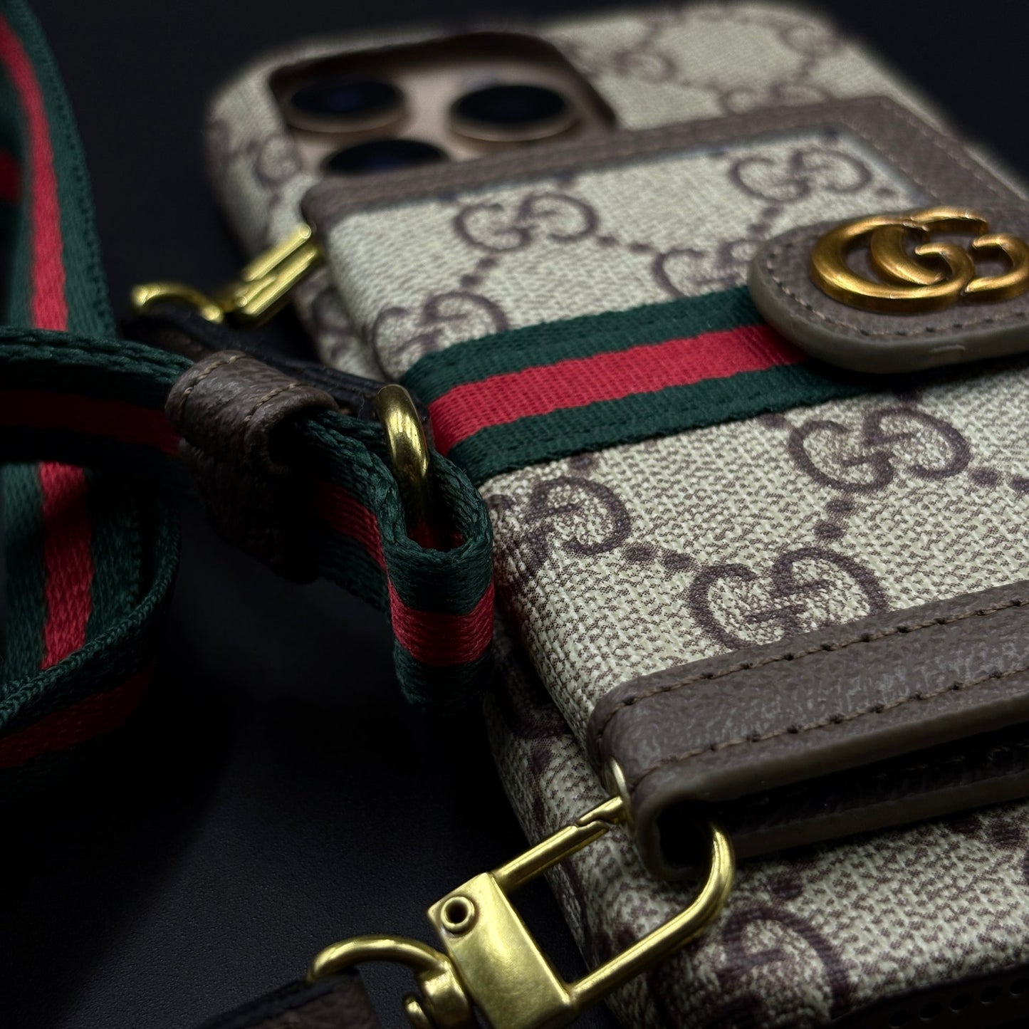 iPhone Luxury GG Stripe Leather Wallet Case with Cardholder & Crossbody Sling