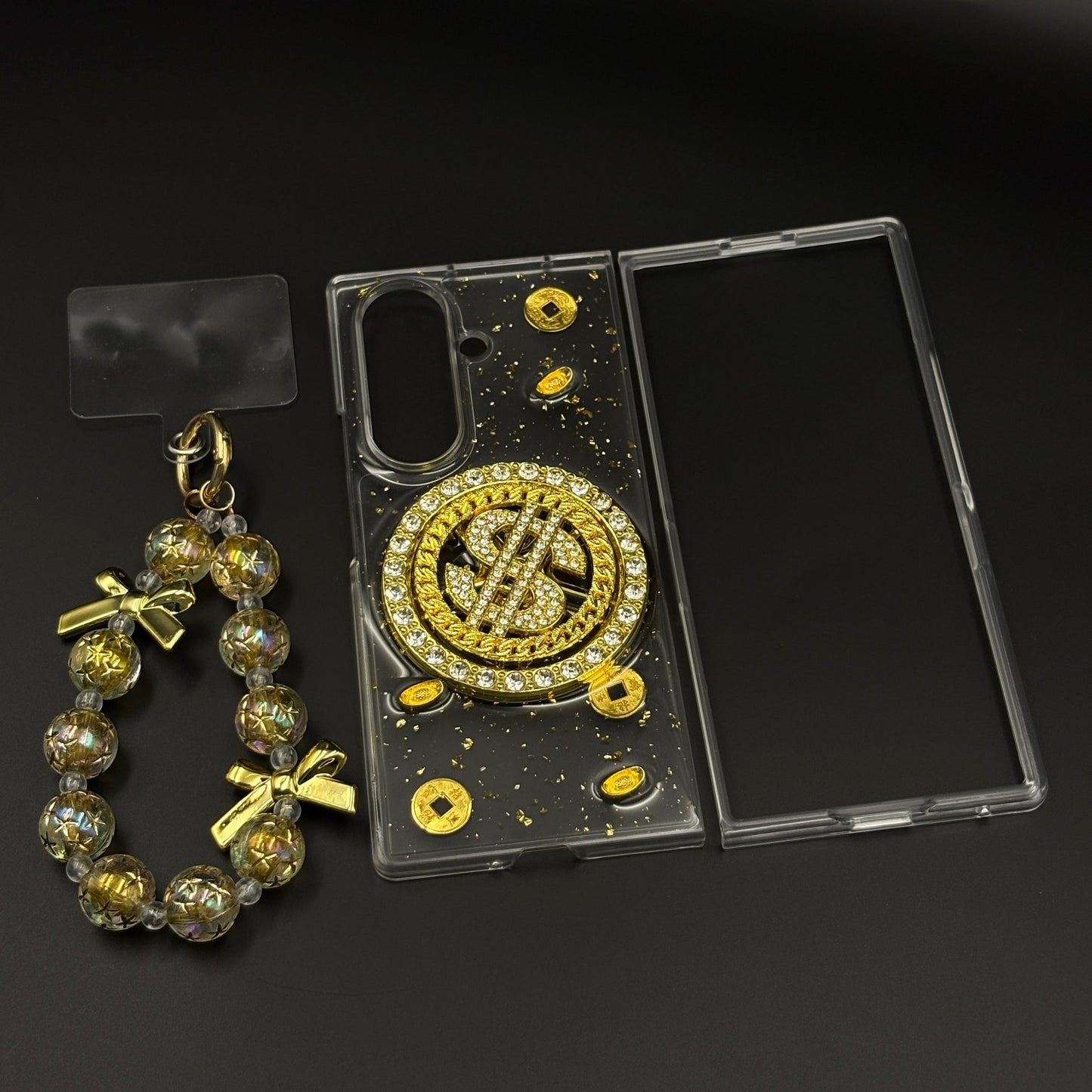 Luxury Rotating Dollar Case for Samsung Galaxy Z Fold 7 | Gold Bling Coin Design with Beaded Wrist Strap