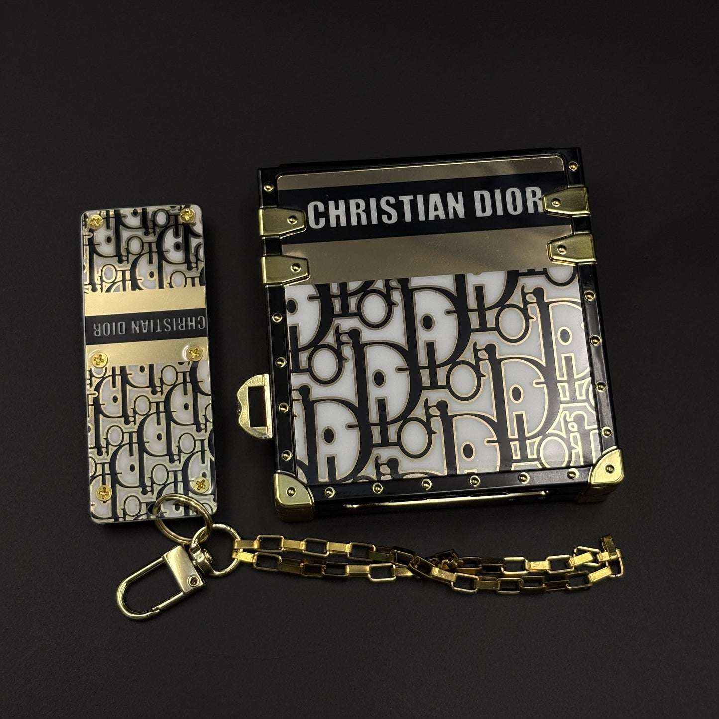Luxury Trunk CD Case with Chain for Samsung Galaxy Z Flip 7 Designer Metal Frame | Gold Monogram