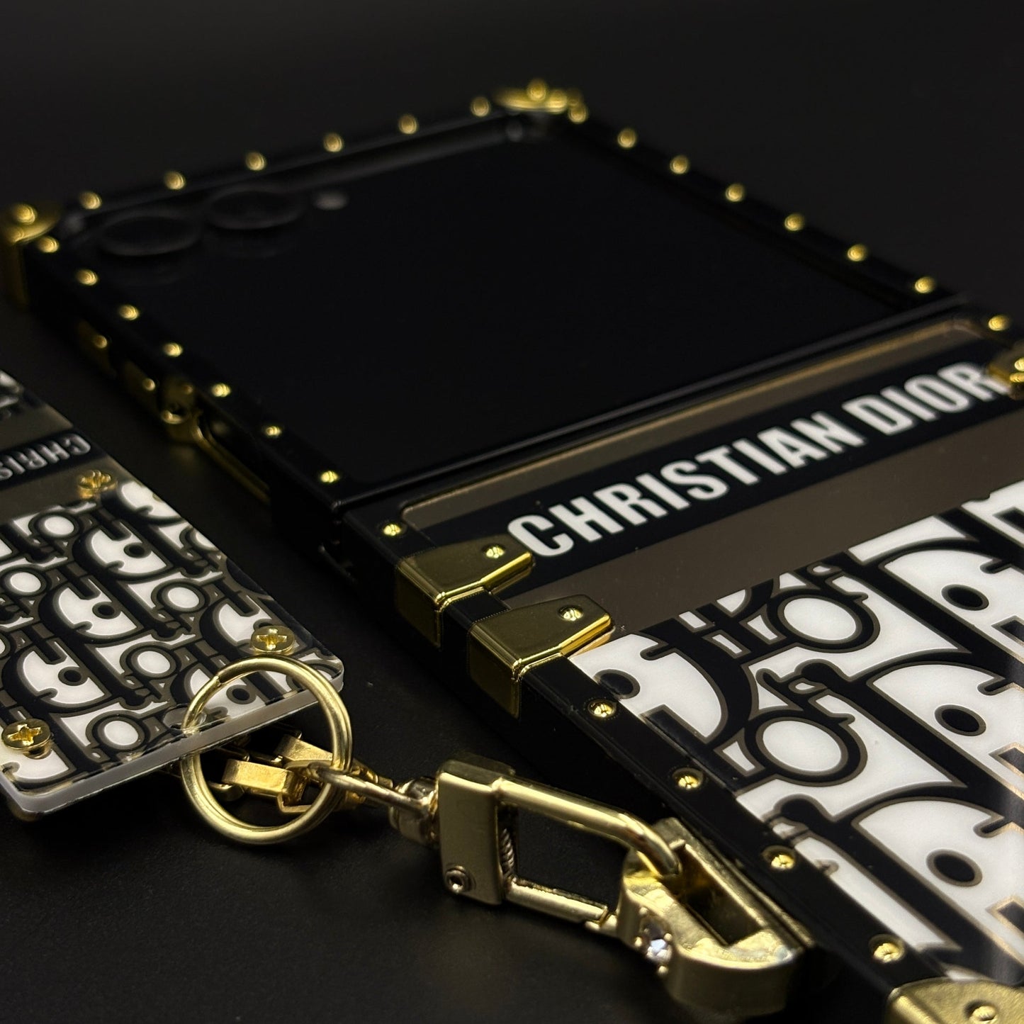 Luxury Trunk CD Case with Chain for Samsung Galaxy Z Flip 7 Designer Metal Frame | Gold Monogram
