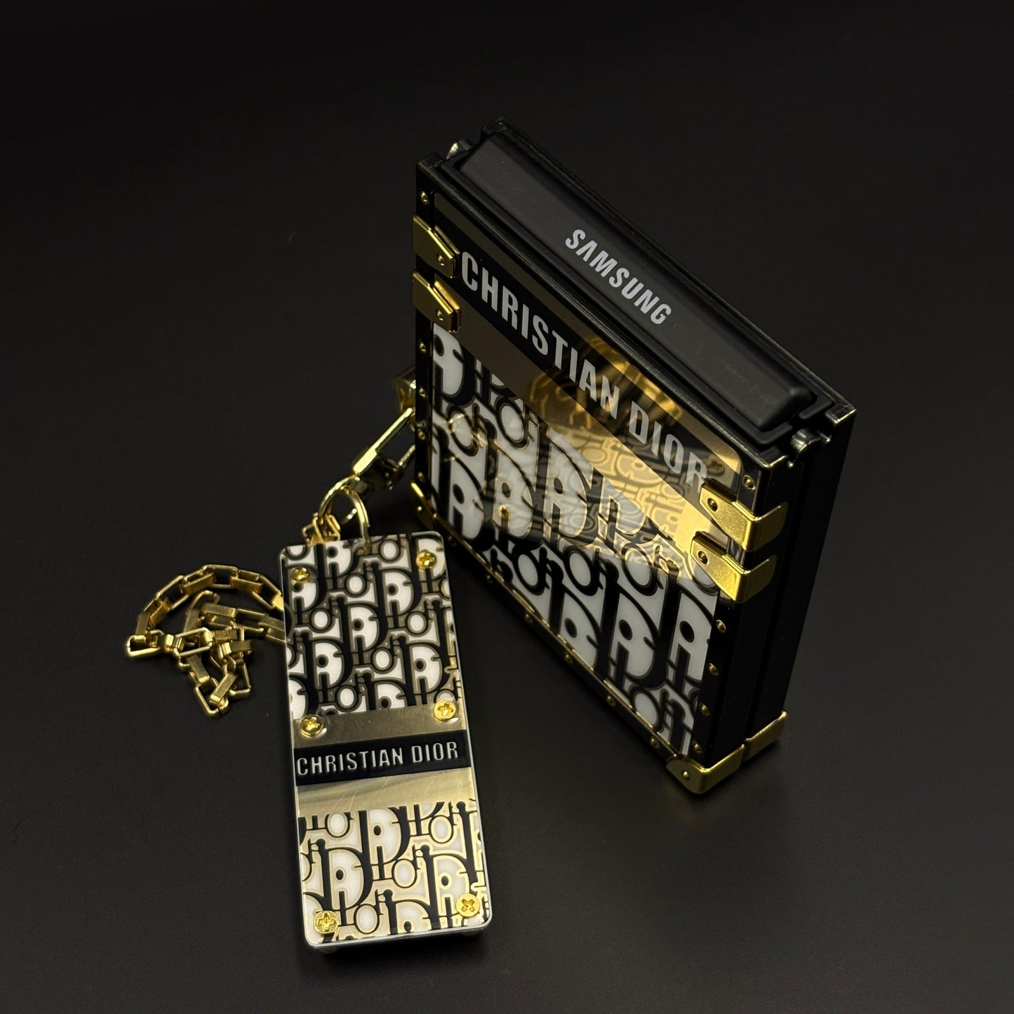 Luxury Trunk CD Case with Chain for Samsung Galaxy Z Flip 7 Designer Metal Frame | Gold Monogram