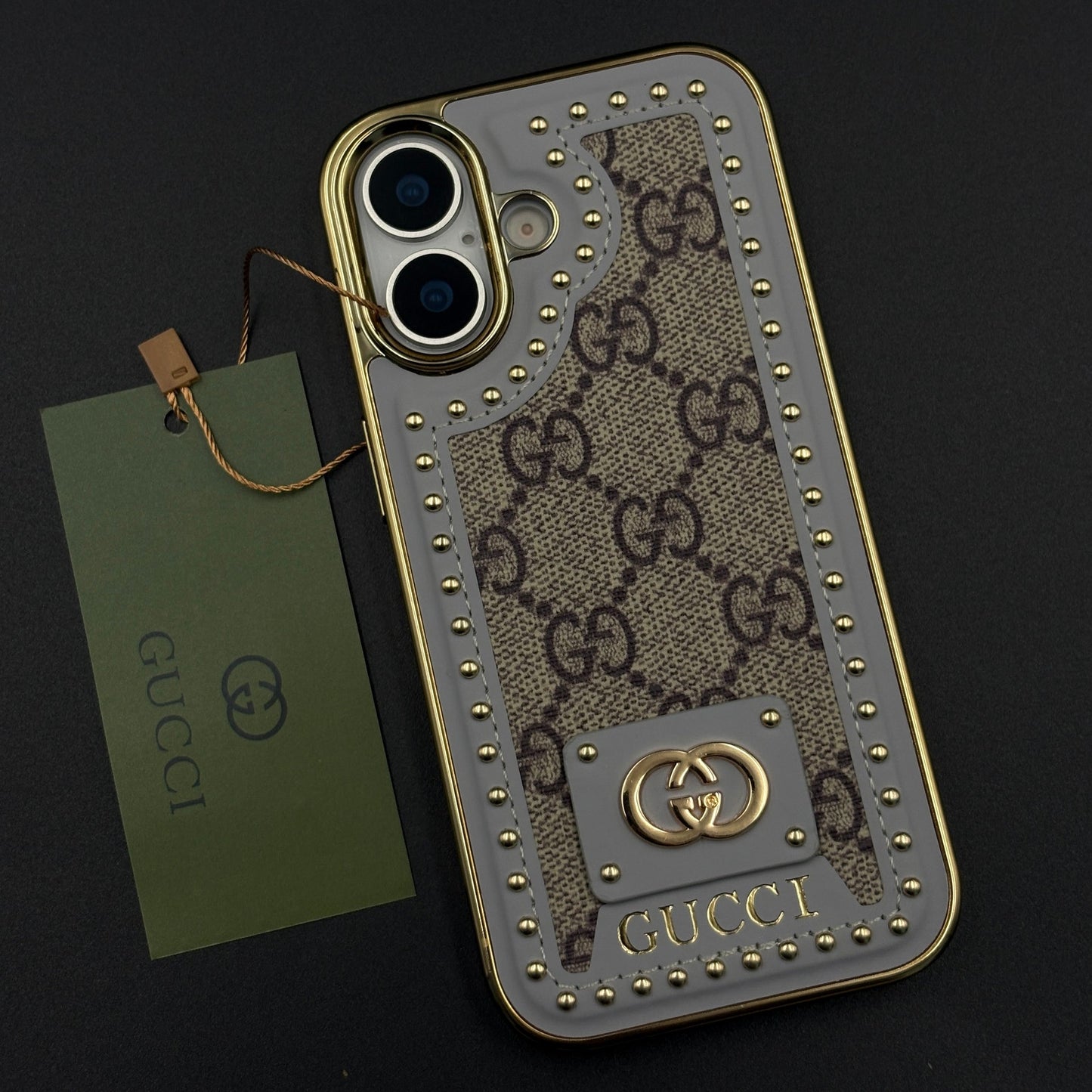 Gold Chrome Border GG Monogram Case for iPhone 17