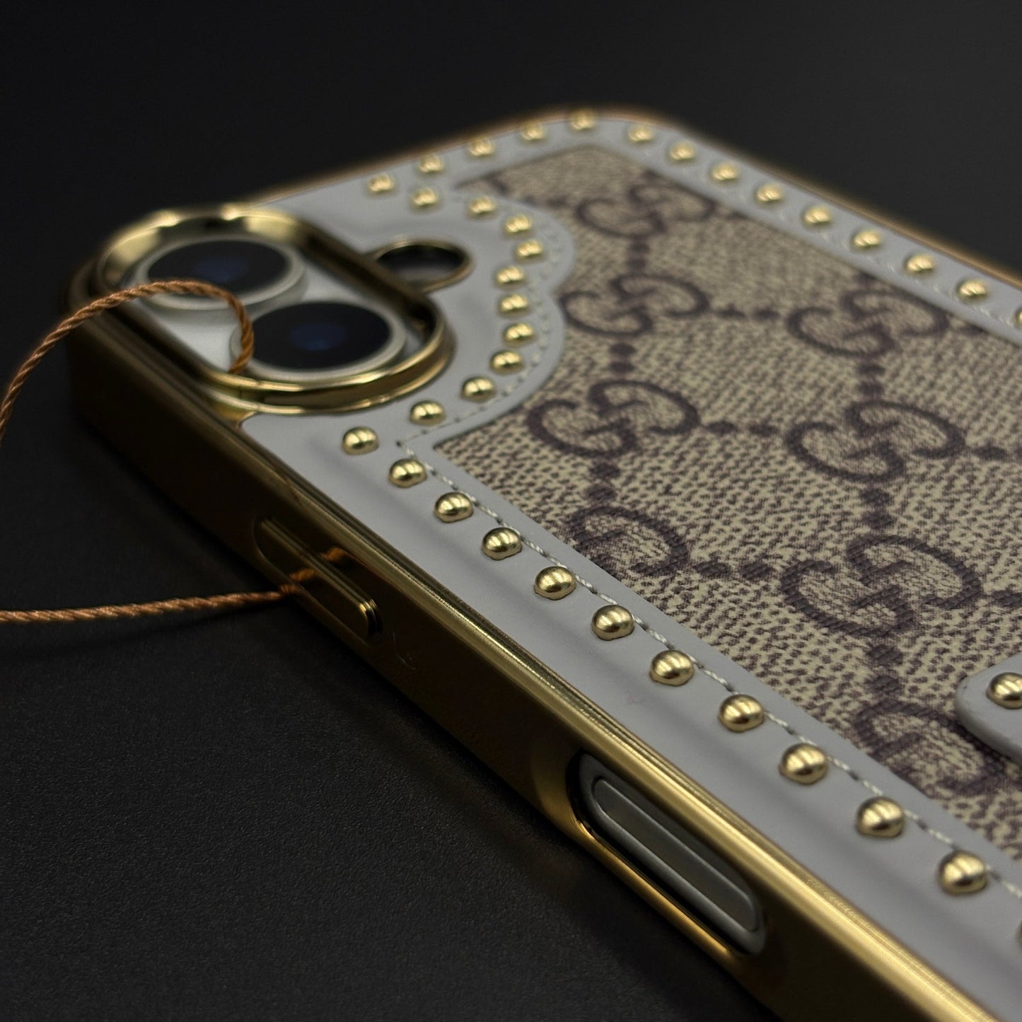 Gold Chrome Border GG Monogram Case for iPhone 17