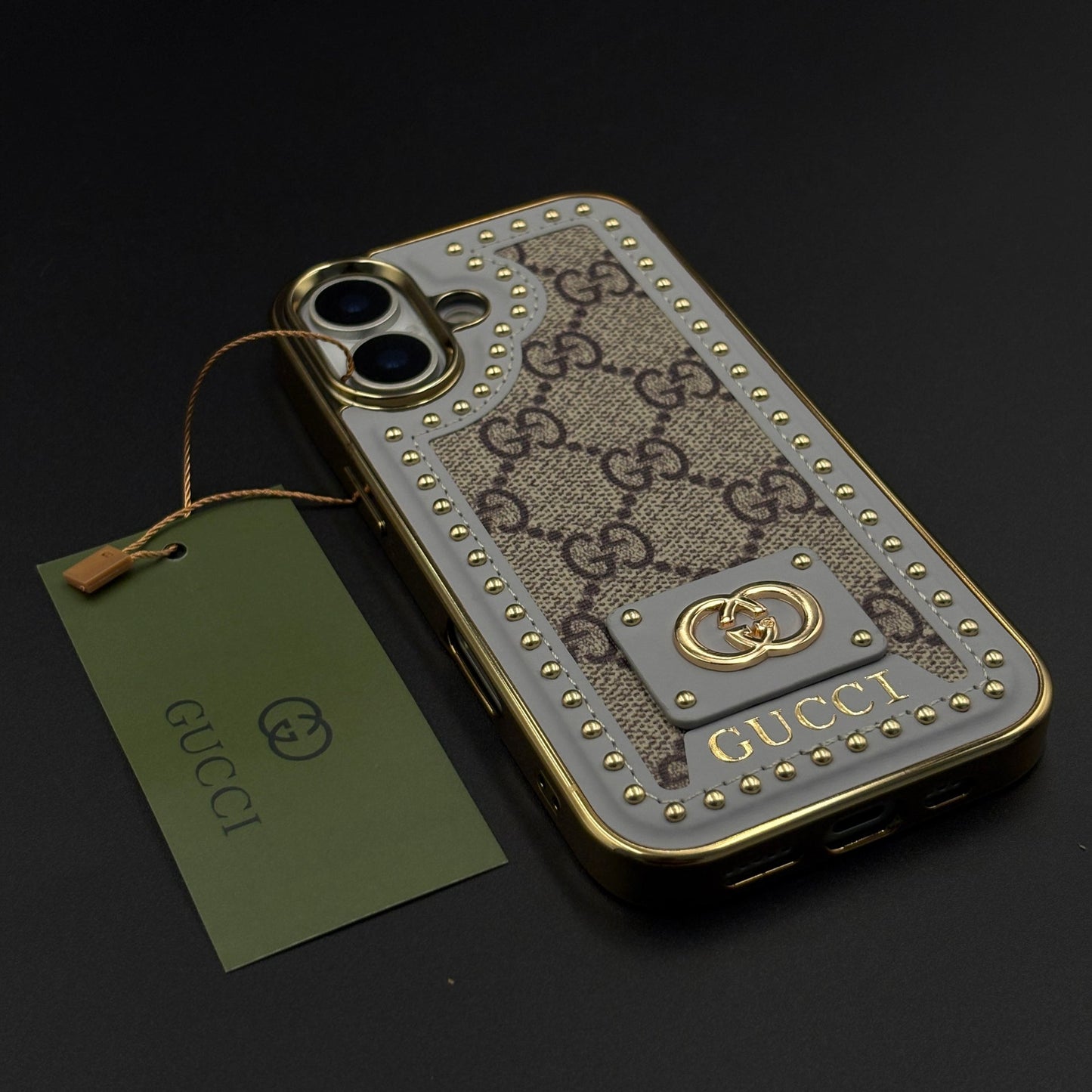 Gold Chrome Border GG Monogram Case for iPhone 17