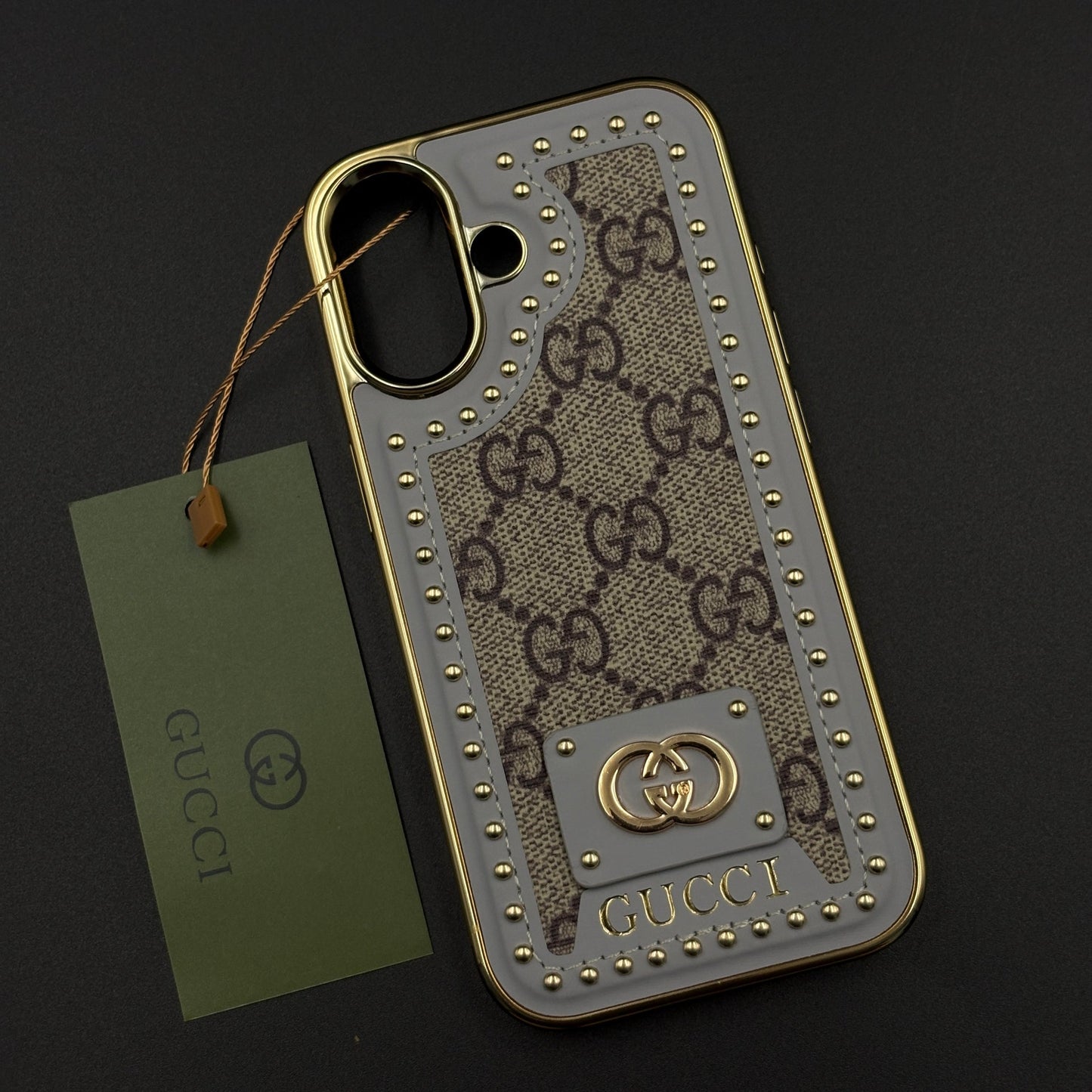 Gold Chrome Border GG Monogram Case for iPhone 17