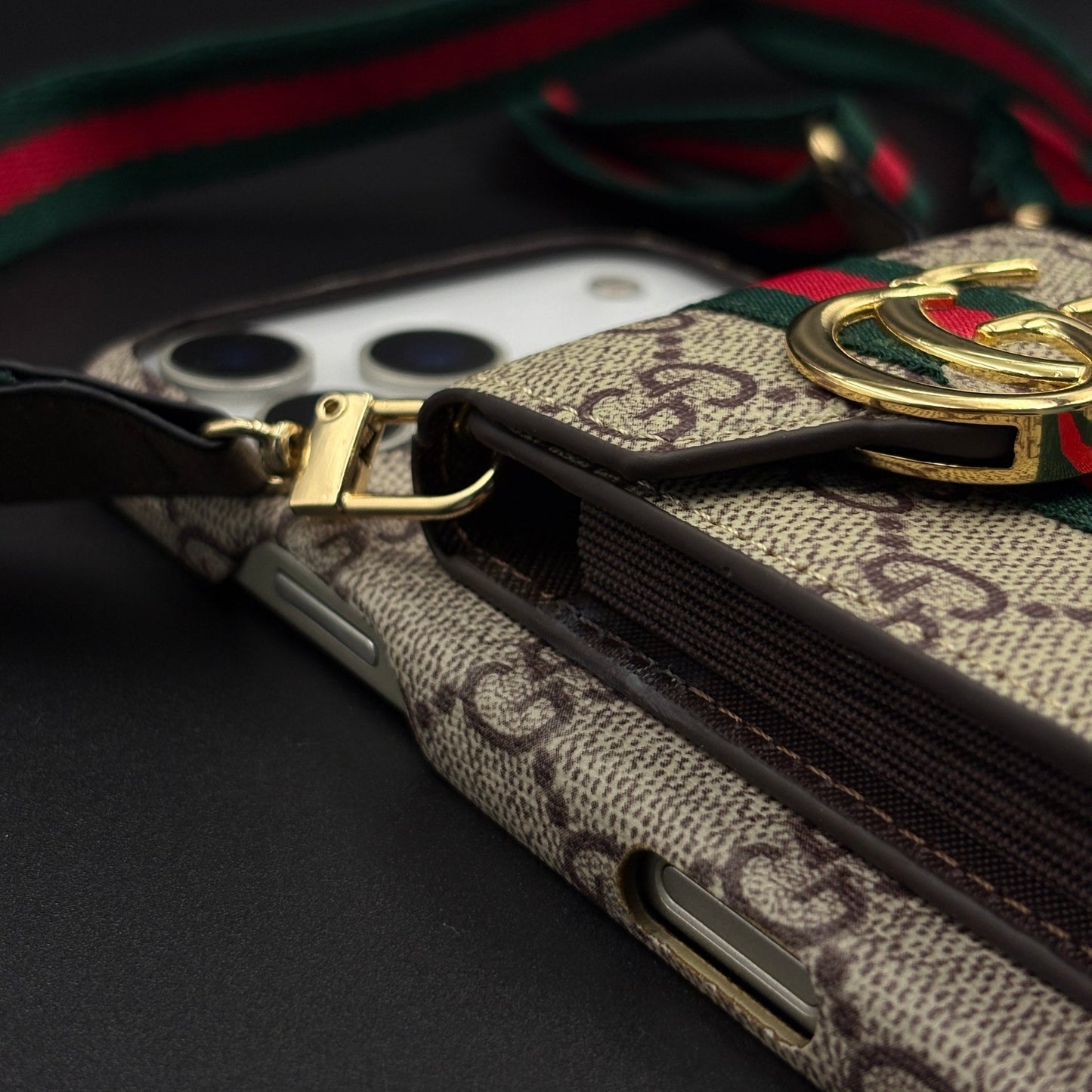 Luxury GG Stripe Monogram Cardholder Sling Case for iPhone 17 Series