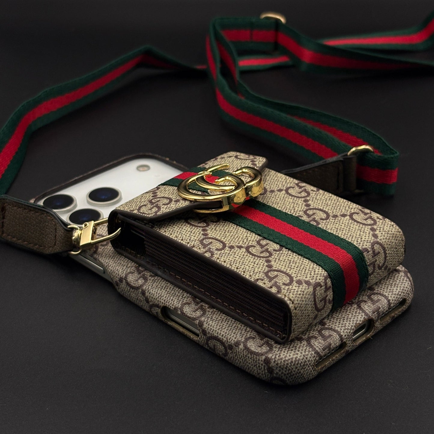 Luxury GG Stripe Monogram Cardholder Sling Case for iPhone 17 Series