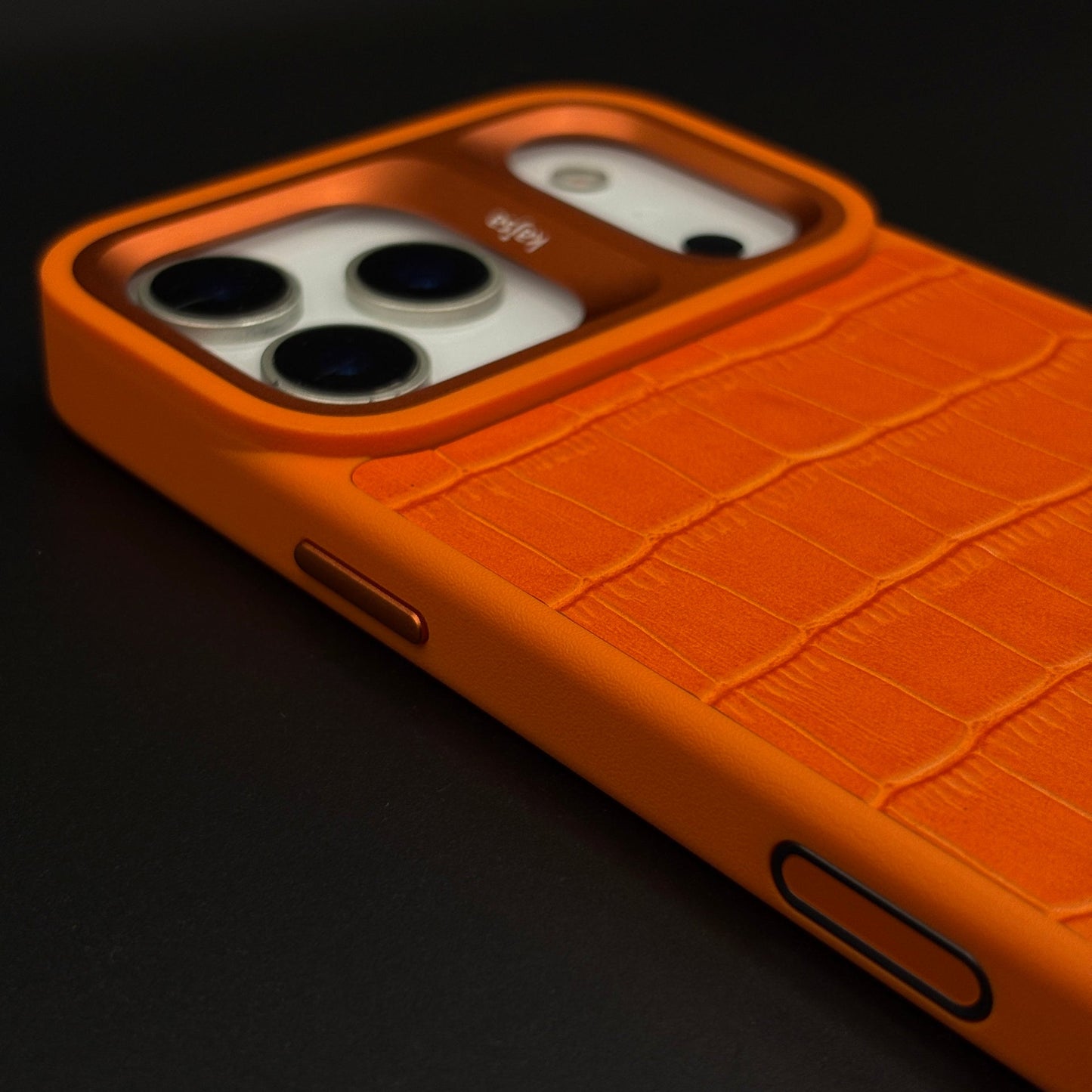 Crocodile Embossed Leather Mobile Case Cover with AI Button for iPhone 17 Series | Orange Metal Frame Protection