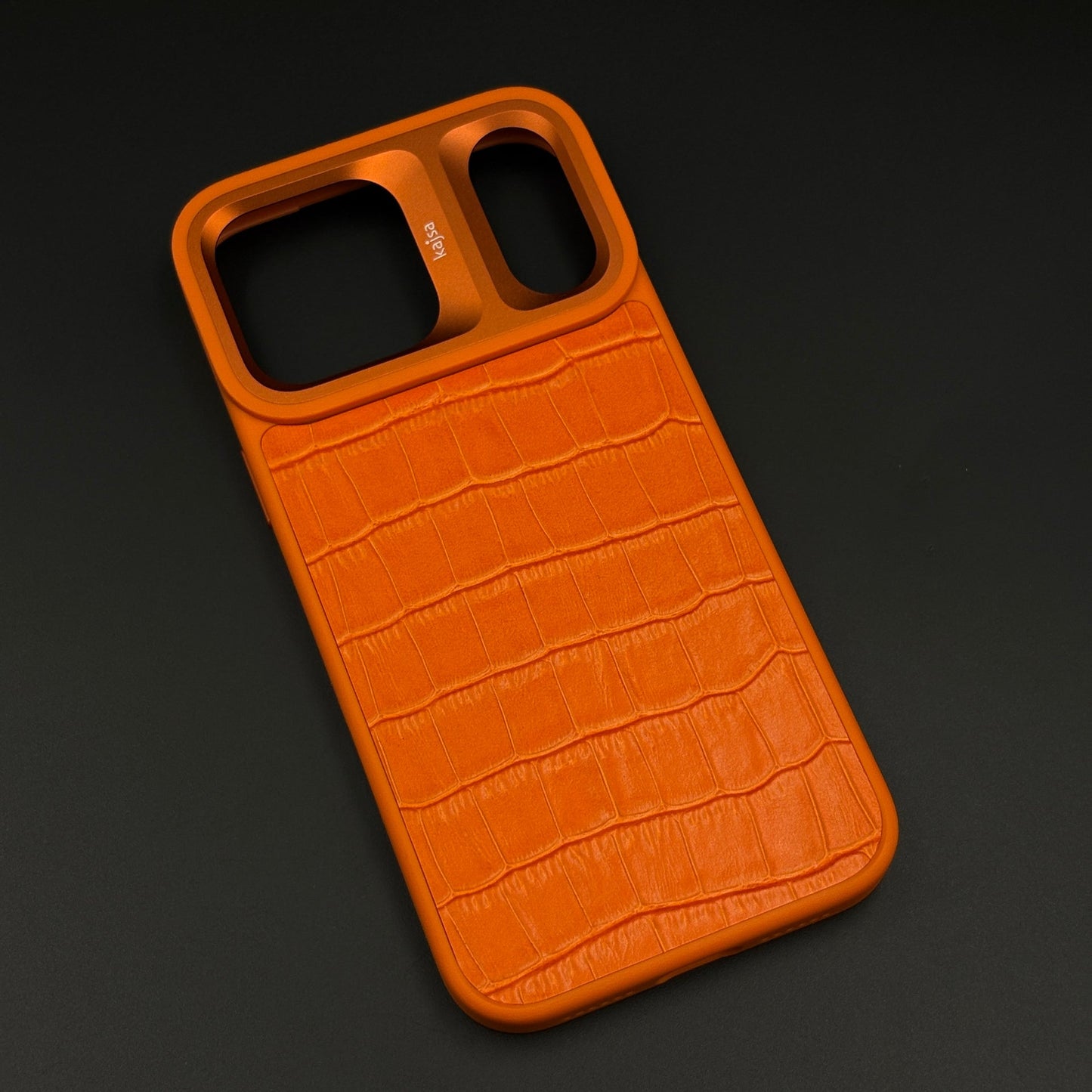 Crocodile Embossed Leather Mobile Case Cover with AI Button for iPhone 17 Series | Orange Metal Frame Protection