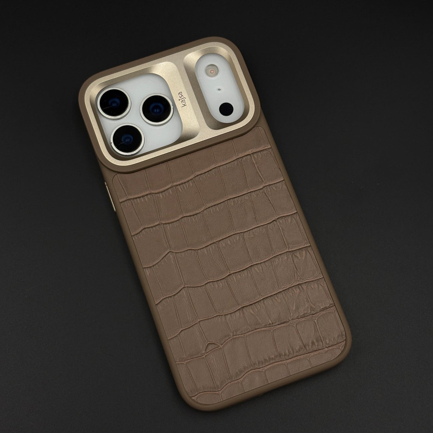 Crocodile Embossed Leather Mobile Case Cover with AI Button for iPhone 17 Series | Orange Metal Frame Protection