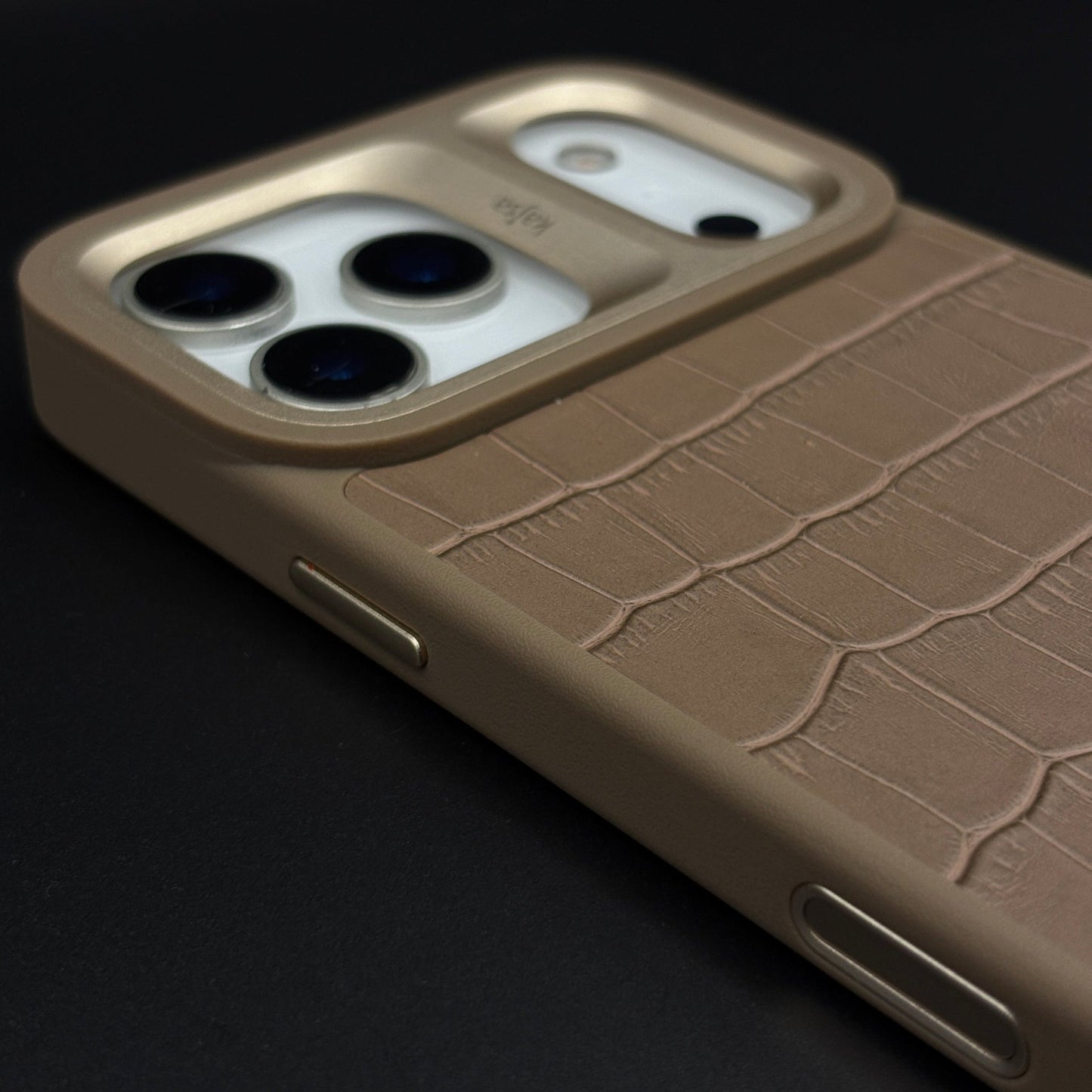 Crocodile Embossed Leather Mobile Case Cover with AI Button for iPhone 17 Series | Orange Metal Frame Protection