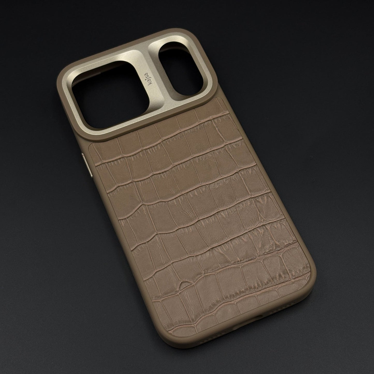 Crocodile Embossed Leather Mobile Case Cover with AI Button for iPhone 17 Series | Orange Metal Frame Protection