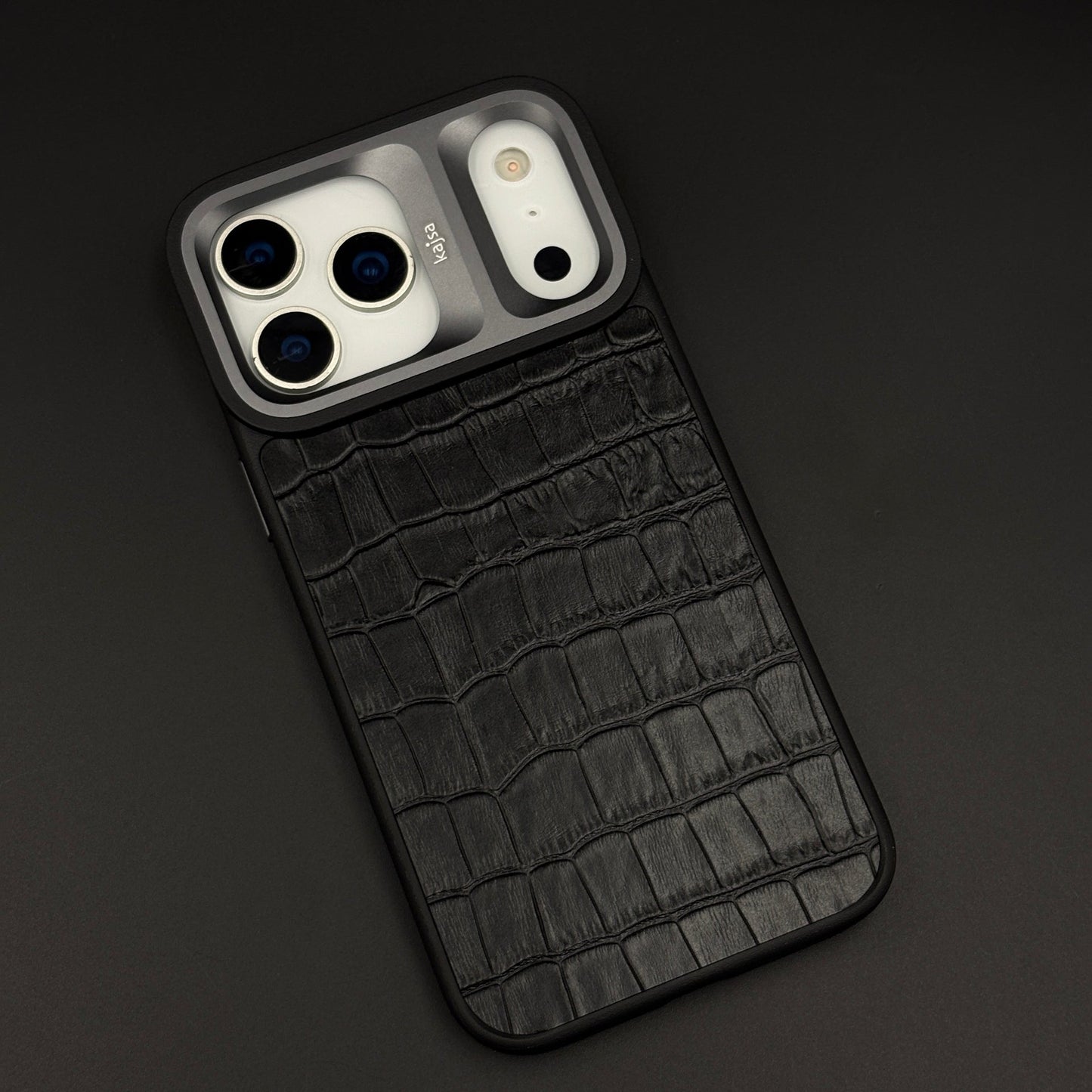 Crocodile Embossed Leather Mobile Case Cover with AI Button for iPhone 17 Series | Orange Metal Frame Protection