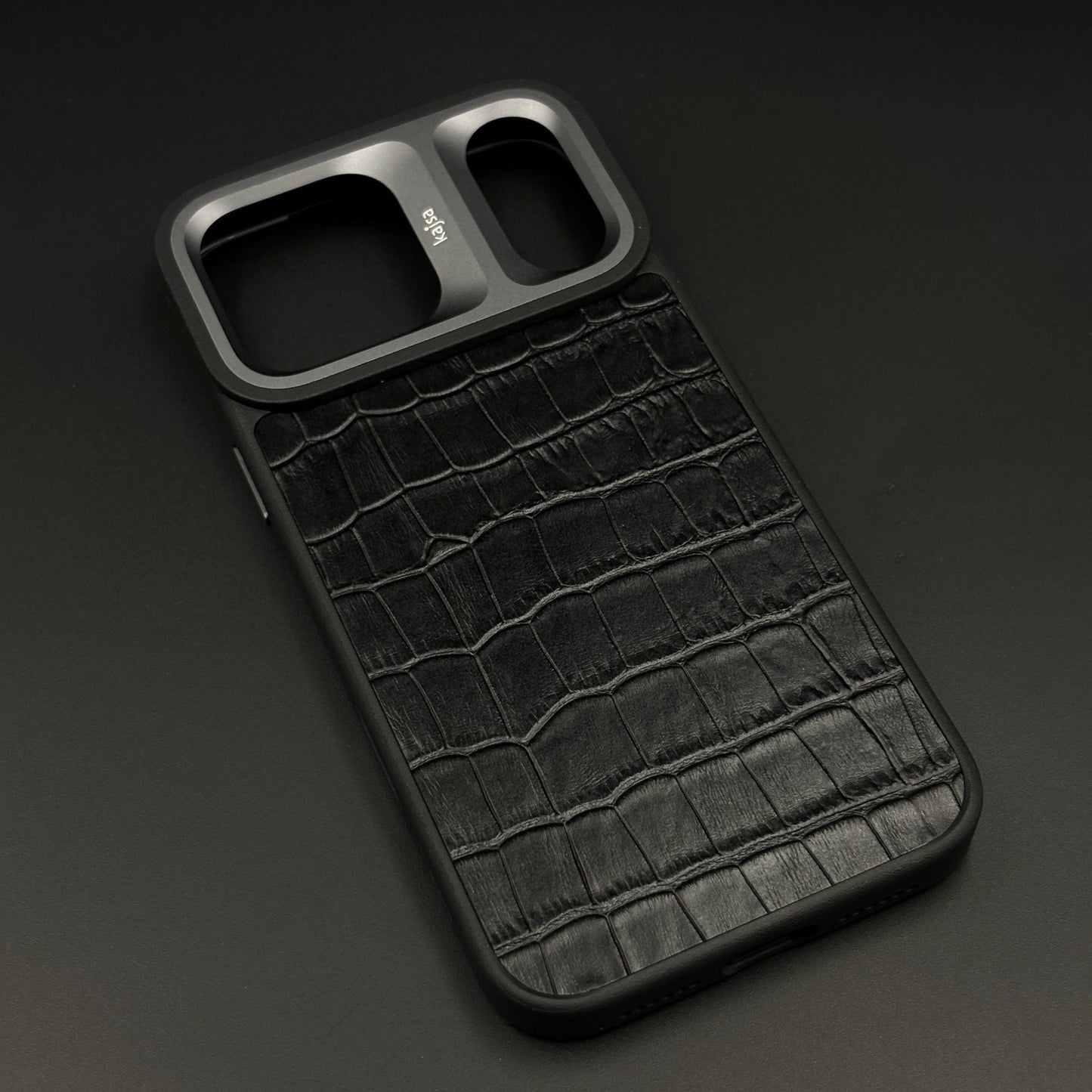 Crocodile Embossed Leather Mobile Case Cover with AI Button for iPhone 17 Series | Orange Metal Frame Protection