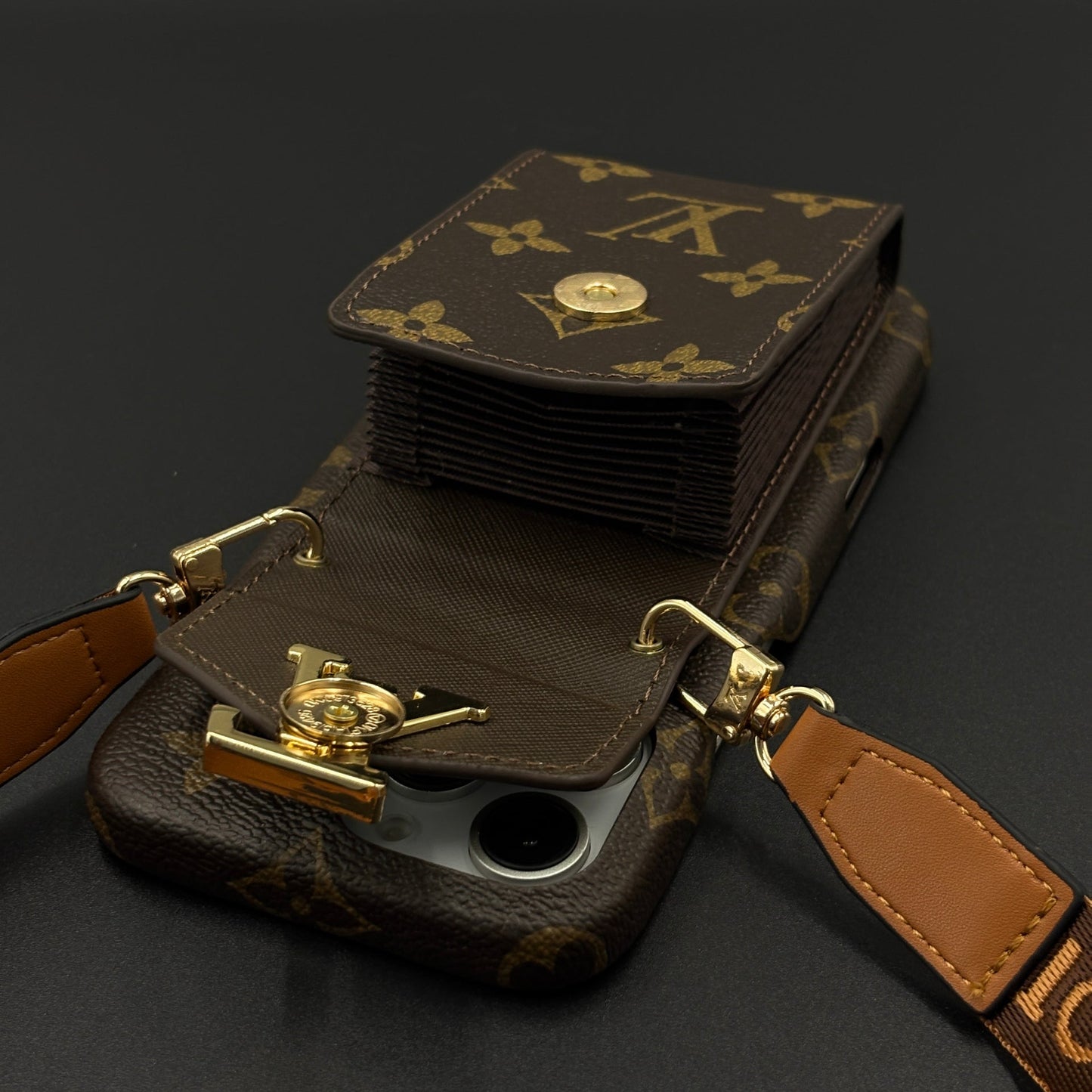 Luxury Fashion Brand Monogram Cardholder Sling Case for iPhone