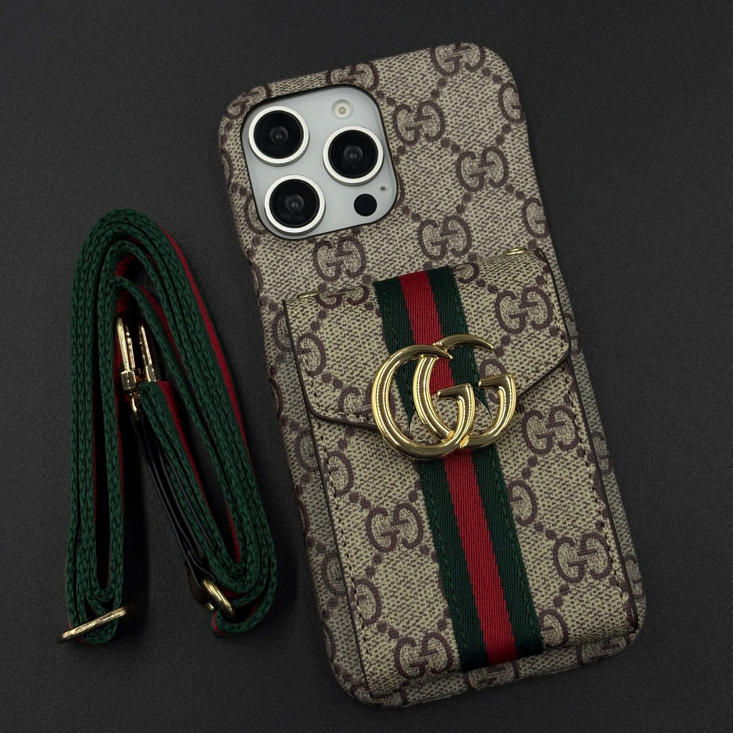 Luxury GG Stripe Monogram Cardholder Sling Case for iPhone