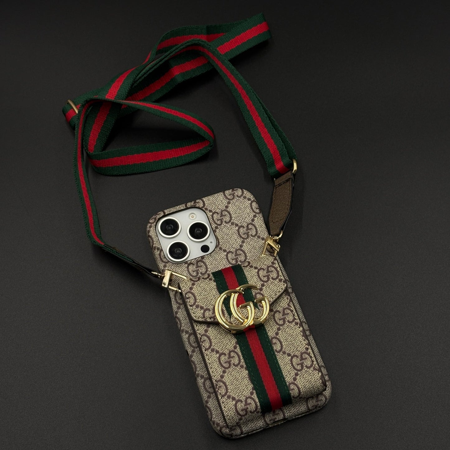 Luxury GG Stripe Monogram Cardholder Sling Case for iPhone