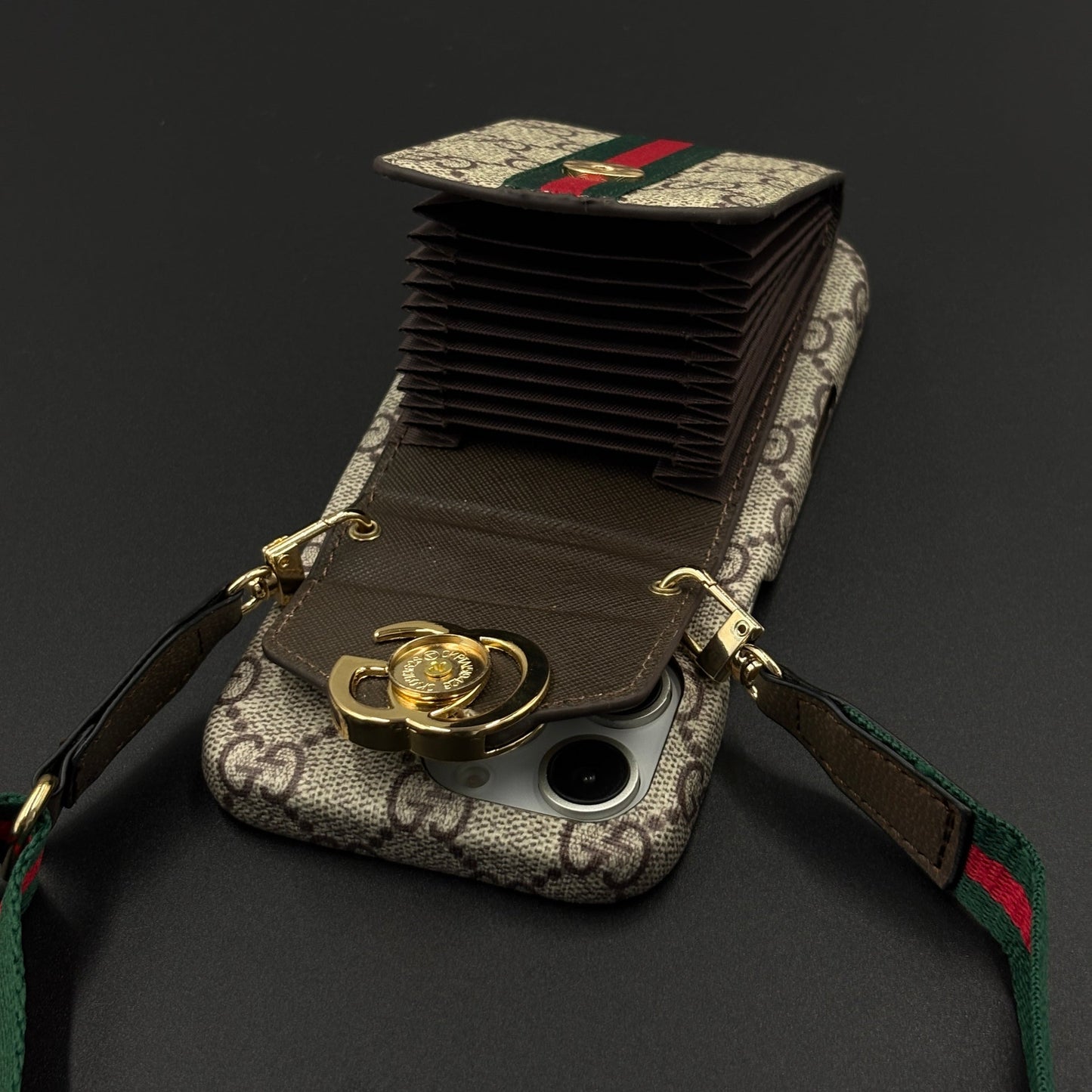 Luxury GG Stripe Monogram Cardholder Sling Case for iPhone