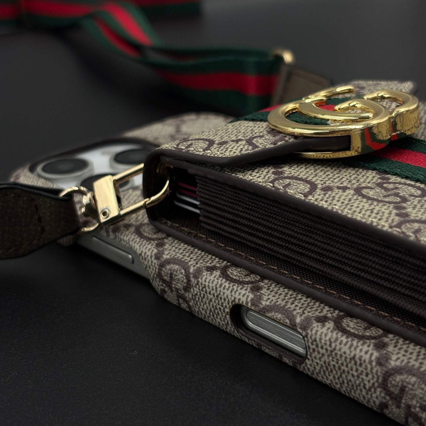 Luxury GG Stripe Monogram Cardholder Sling Case for iPhone