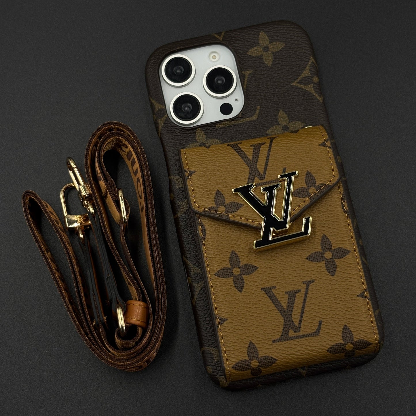 Luxury Fashion Brand Monogram Cardholder Sling Case for iPhone
