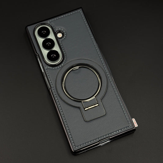 Stitched Leather Rotating Metal Stand MagSafe Mobile Case Cover for Samsung Galaxy Z Fold 6 | Front Screen Protector Included