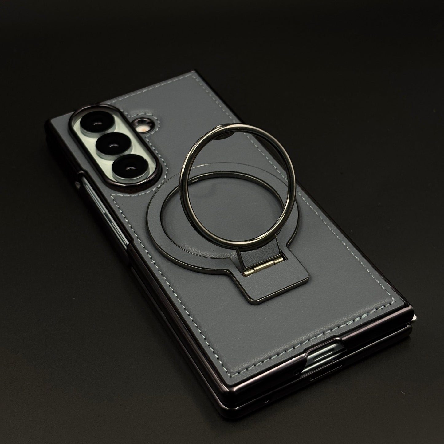 Stitched Leather Rotating Metal Stand MagSafe Mobile Case Cover for Samsung Galaxy Z Fold 6 | Front Screen Protector Included