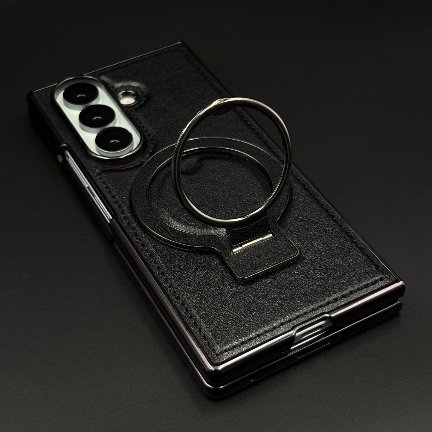 Stitched Leather Rotating Metal Stand MagSafe Mobile Case Cover for Samsung Galaxy Z Fold 7 | Front Screen Protector Included