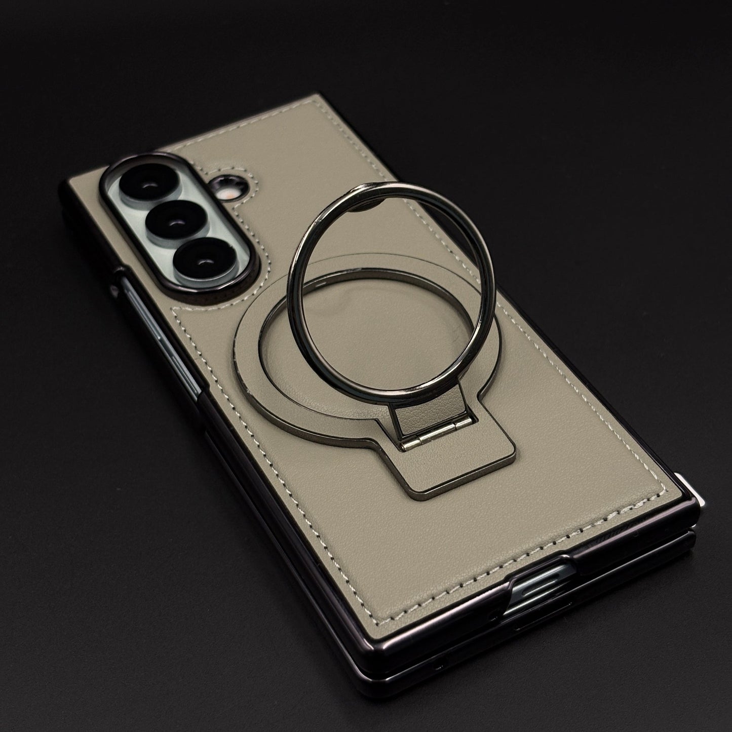 Stitched Leather Rotating Metal Stand MagSafe Mobile Case Cover for Samsung Galaxy Z Fold 6 | Front Screen Protector Included