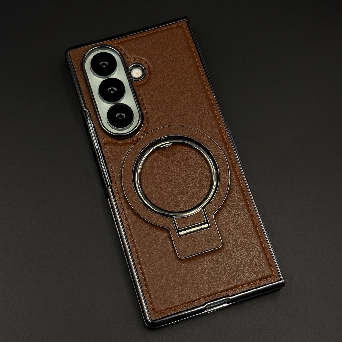 Stitched Leather Rotating Metal Stand MagSafe Mobile Case Cover for Samsung Galaxy Z Fold 6 | Front Screen Protector Included