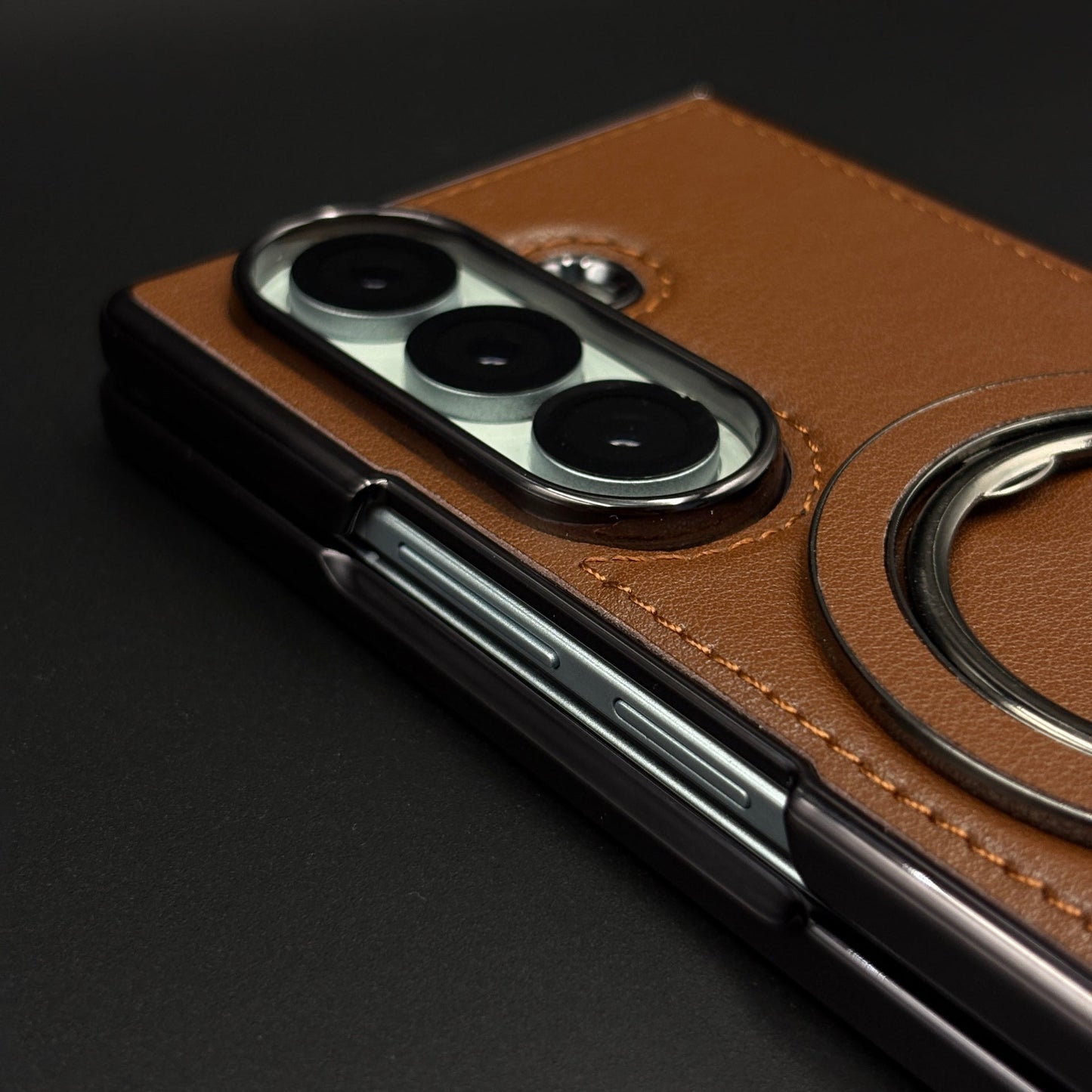 Stitched Leather Rotating Metal Stand MagSafe Mobile Case Cover for Samsung Galaxy Z Fold 7 | Front Screen Protector Included