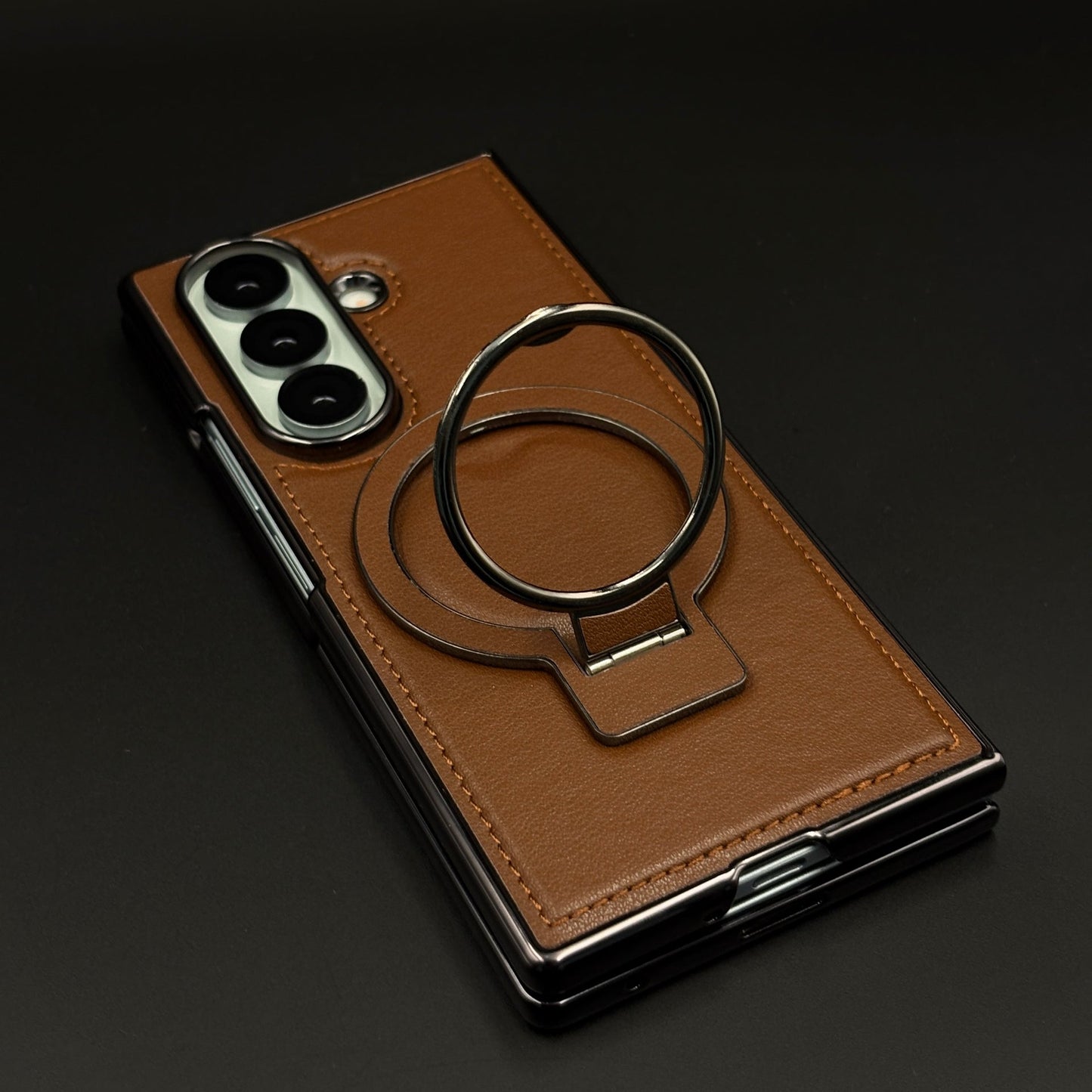 Stitched Leather Rotating Metal Stand MagSafe Mobile Case Cover for Samsung Galaxy Z Fold 7 | Front Screen Protector Included