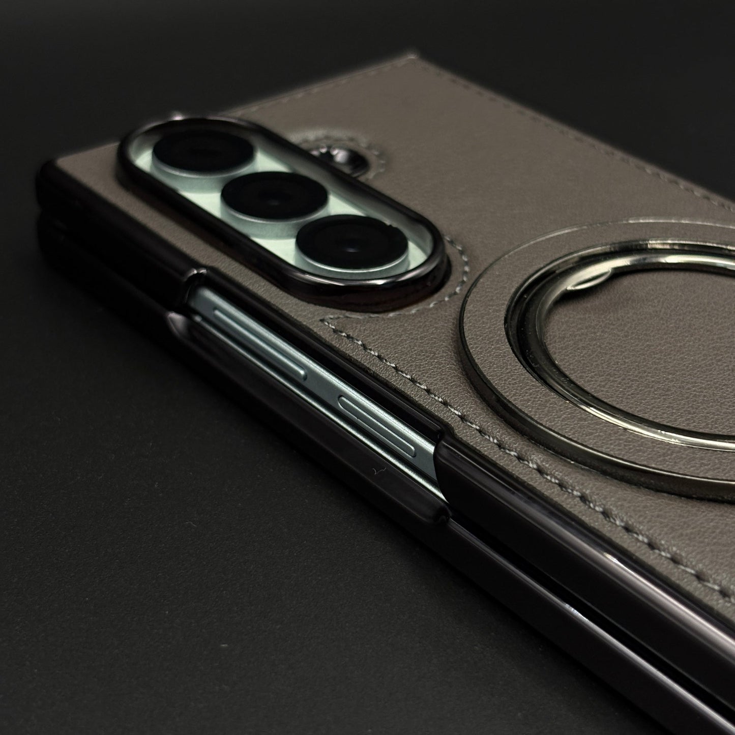 Stitched Leather Rotating Metal Stand MagSafe Mobile Case Cover for Samsung Galaxy Z Fold 7 | Front Screen Protector Included