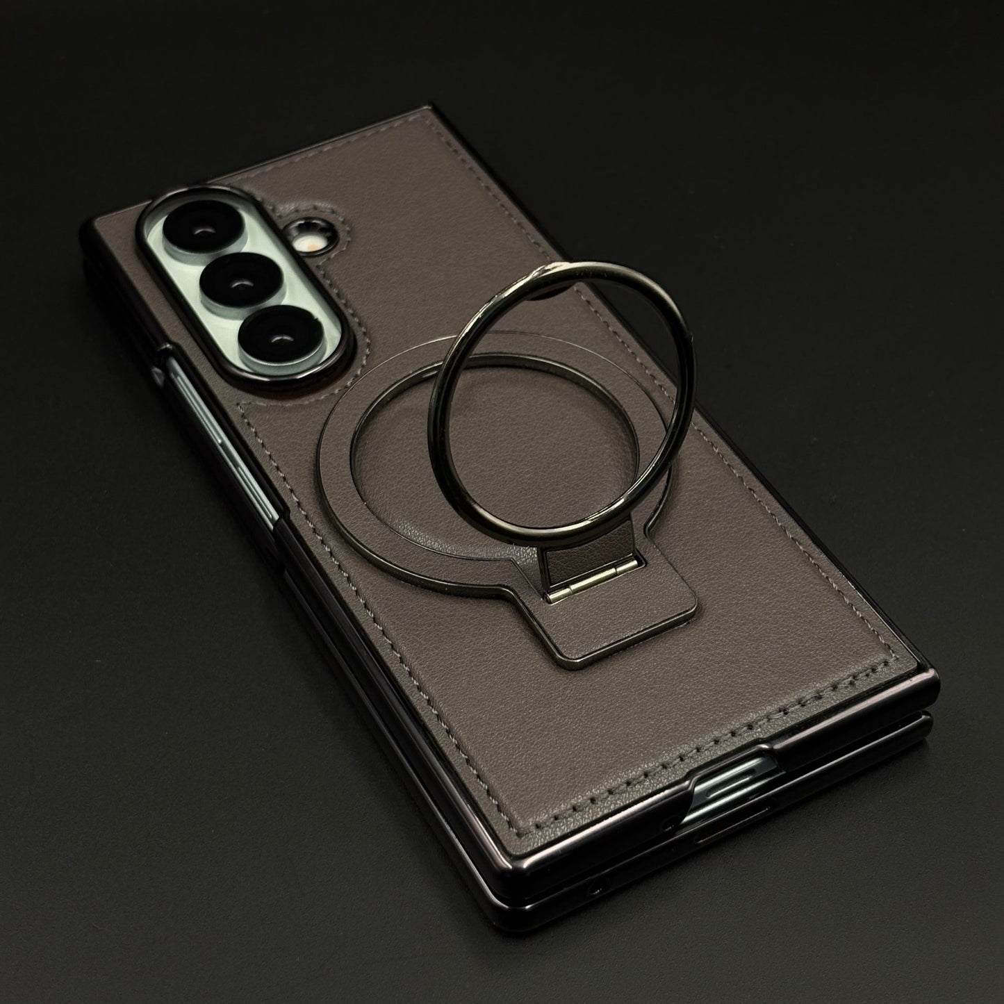 Stitched Leather Rotating Metal Stand MagSafe Mobile Case Cover for Samsung Galaxy Z Fold 7 | Front Screen Protector Included