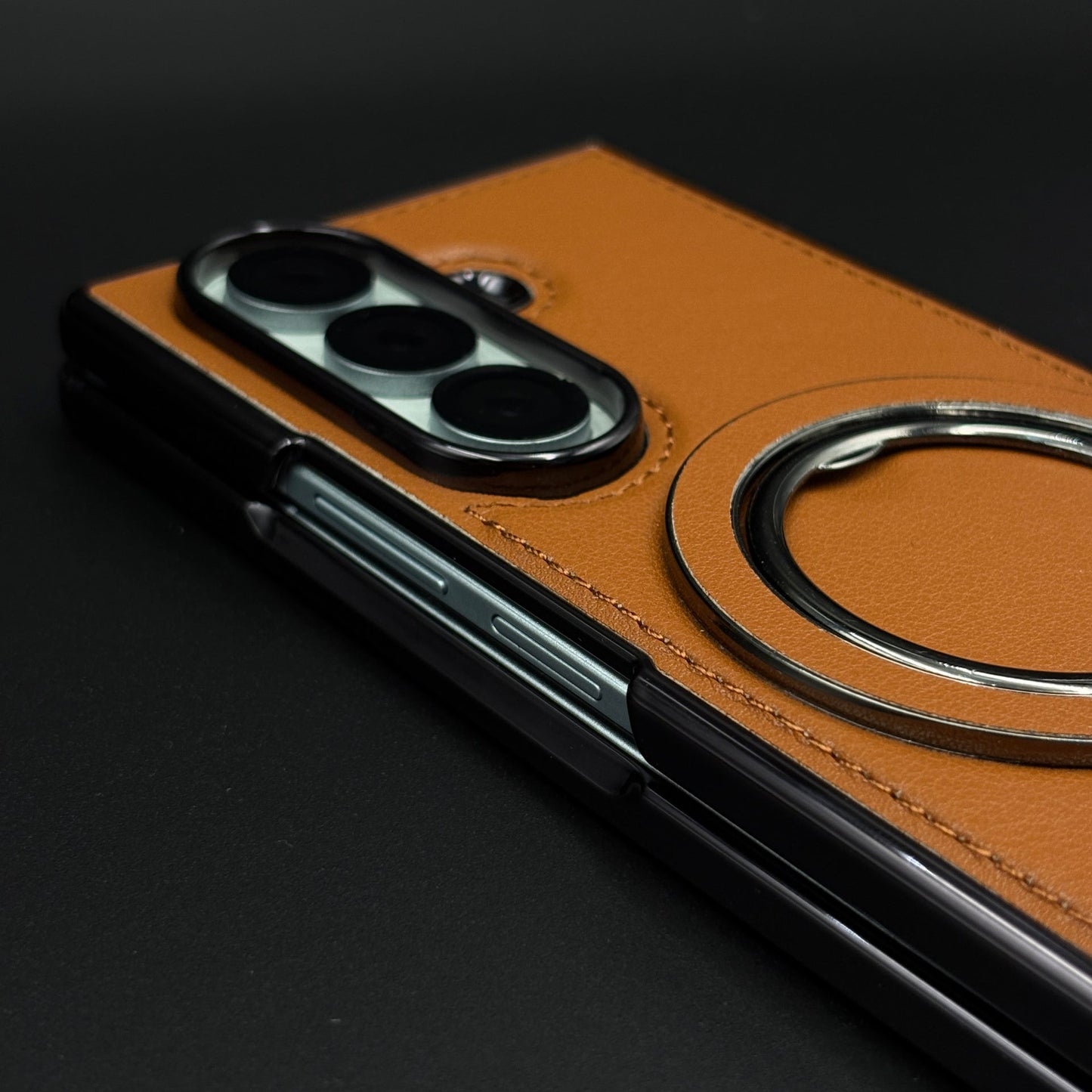 Stitched Leather Rotating Metal Stand MagSafe Mobile Case Cover for Samsung Galaxy Z Fold 7 | Front Screen Protector Included