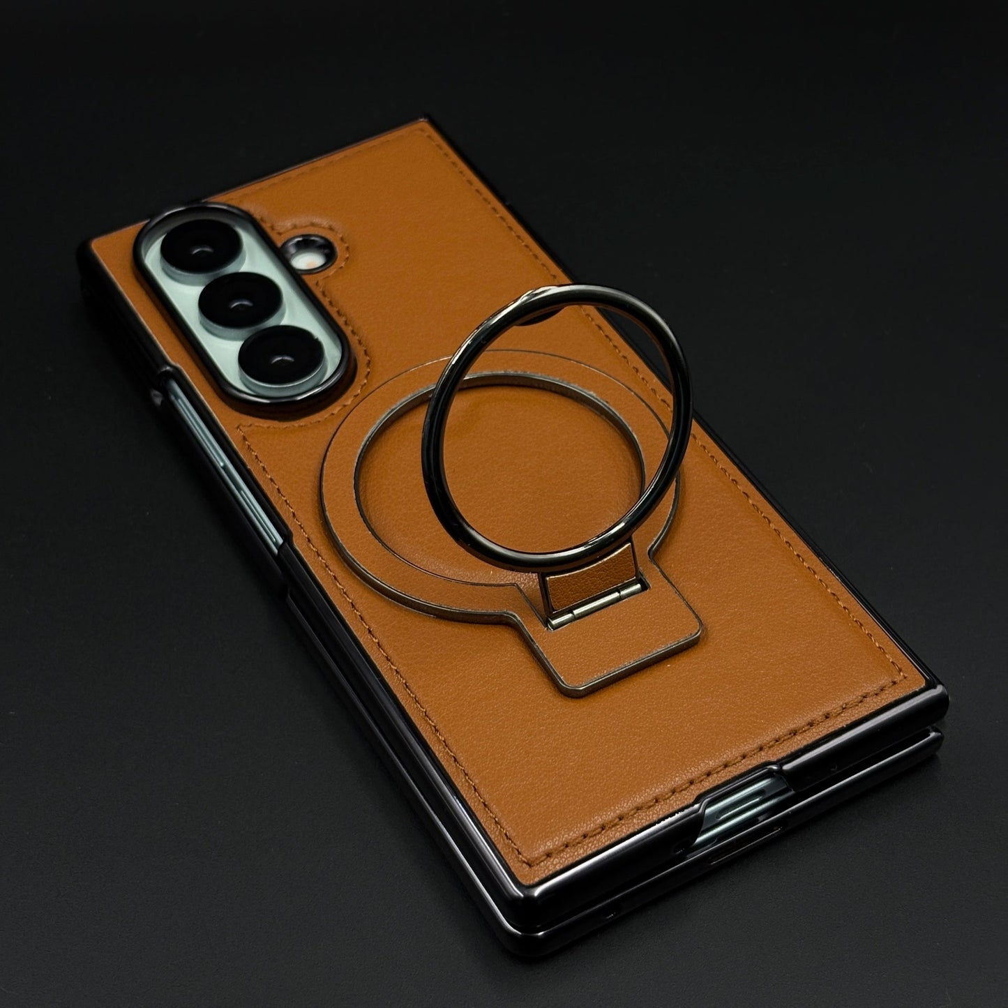 Stitched Leather Rotating Metal Stand MagSafe Mobile Case Cover for Samsung Galaxy Z Fold 7 | Front Screen Protector Included